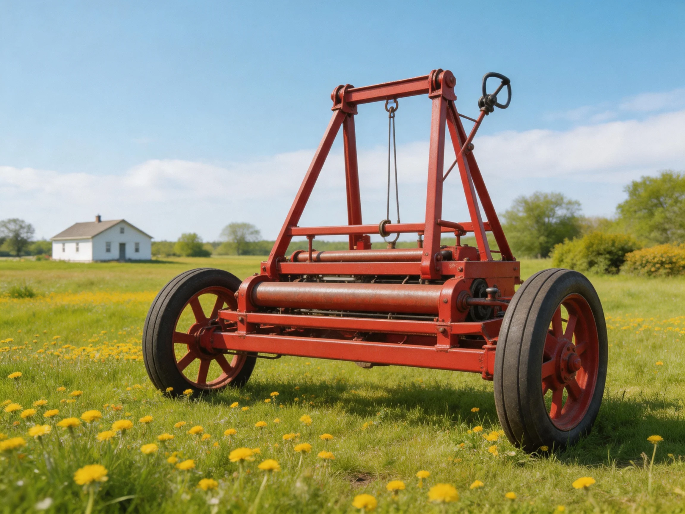 A vintage red farming implement in a flowered meadow