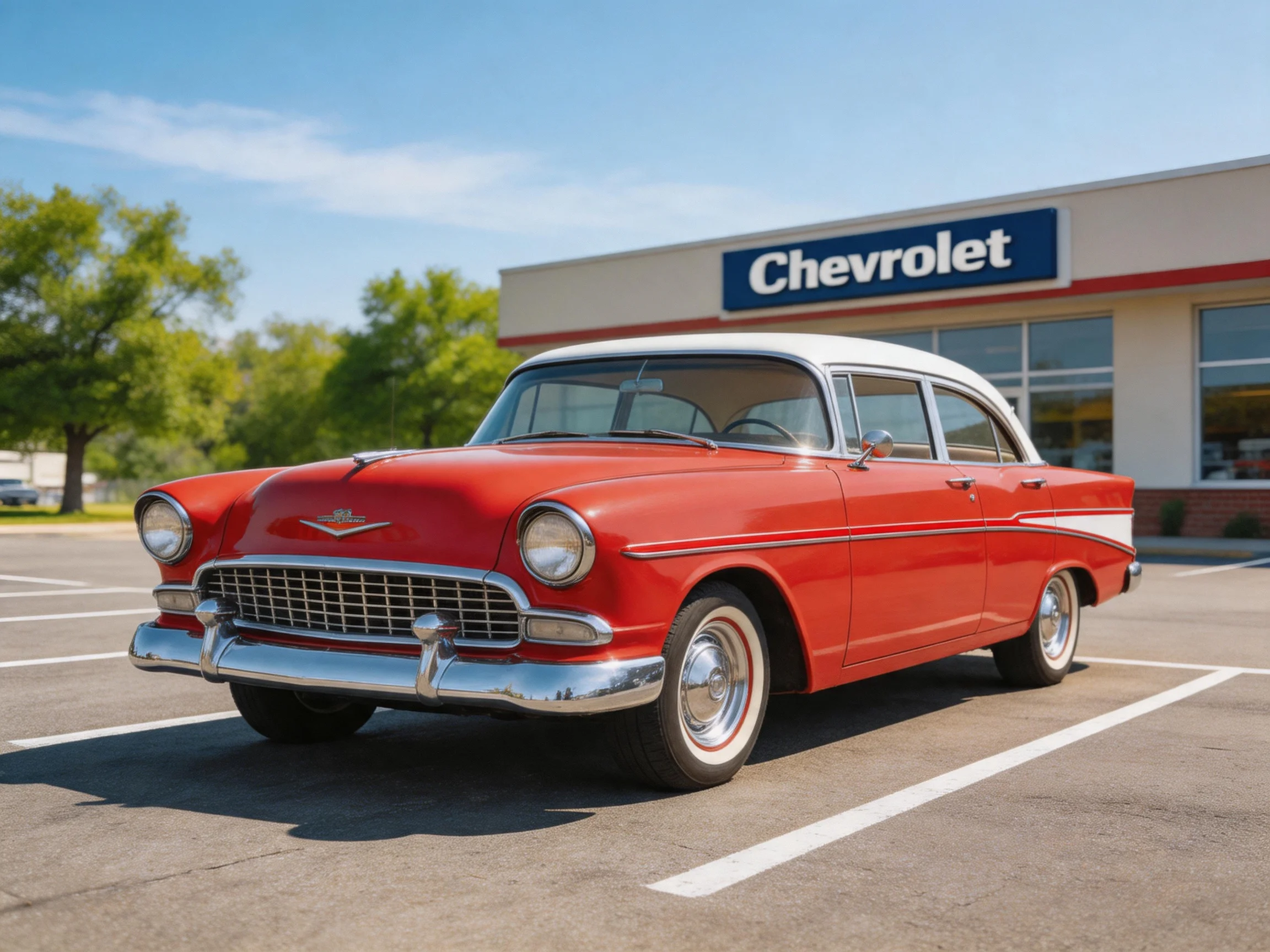 A vintage red two-tone sedan parked outside a Chevrolet dealership
