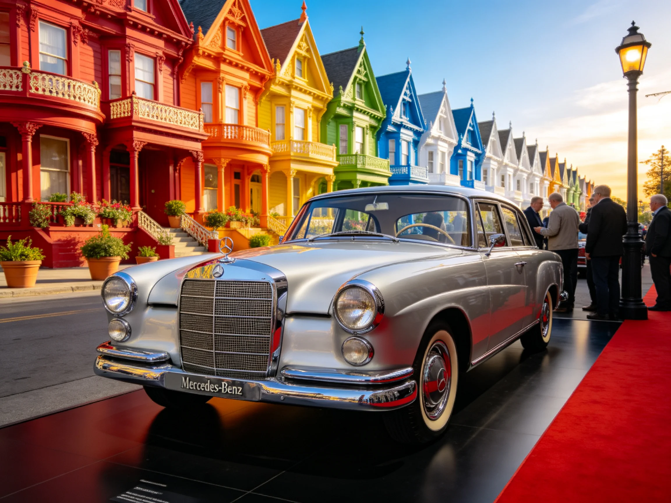 A vintage silver Mercedes displayed before colorful rowhouses