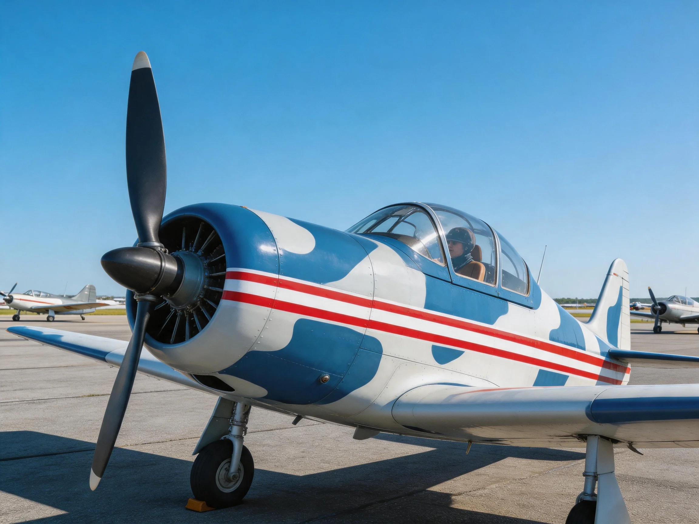 A vintage single-engine plane with blue and white camouflage