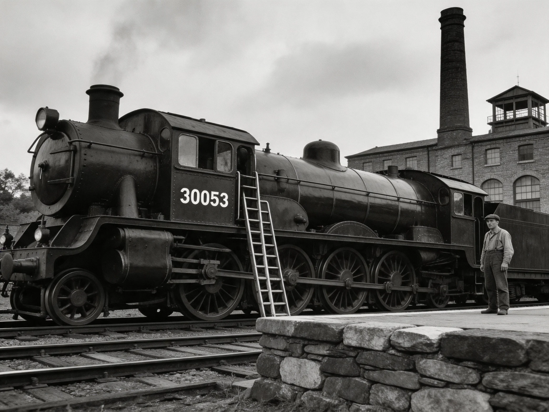 A vintage steam locomotive numbered 30053 near an industrial brick building