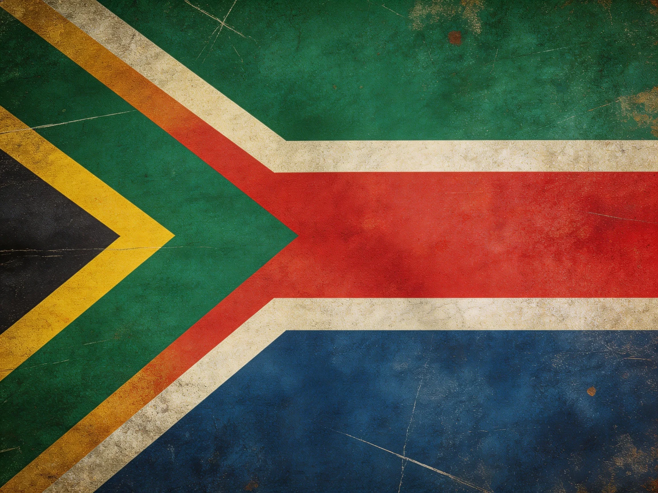 A vintage-styled South African flag with bold color blocks and aged texture.
