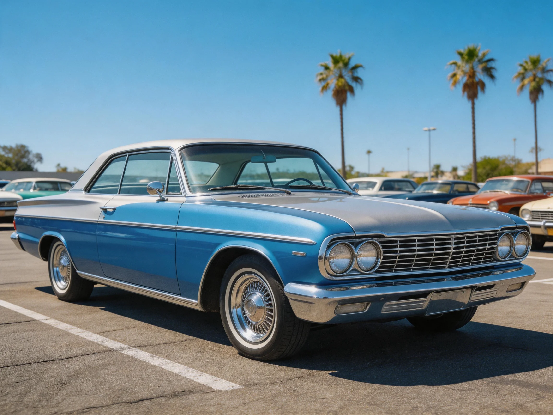 A vintage two-tone blue and silver sedan parked in a sunny lot