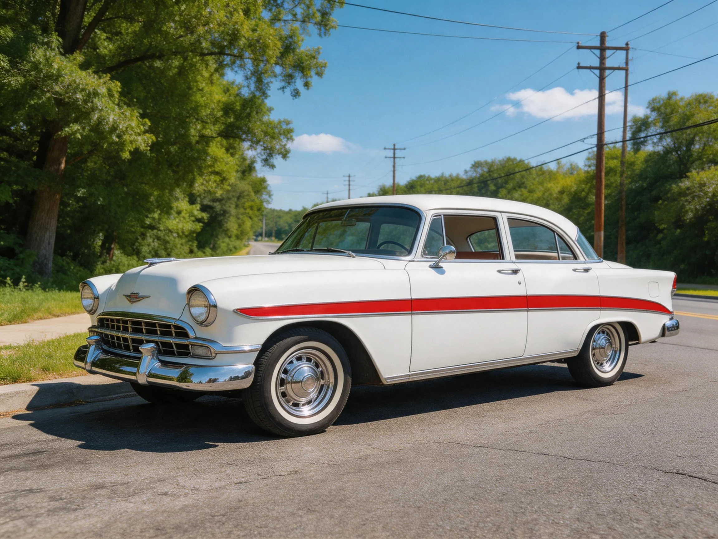 A vintage white sedan with bold red stripe parked on a sunny road