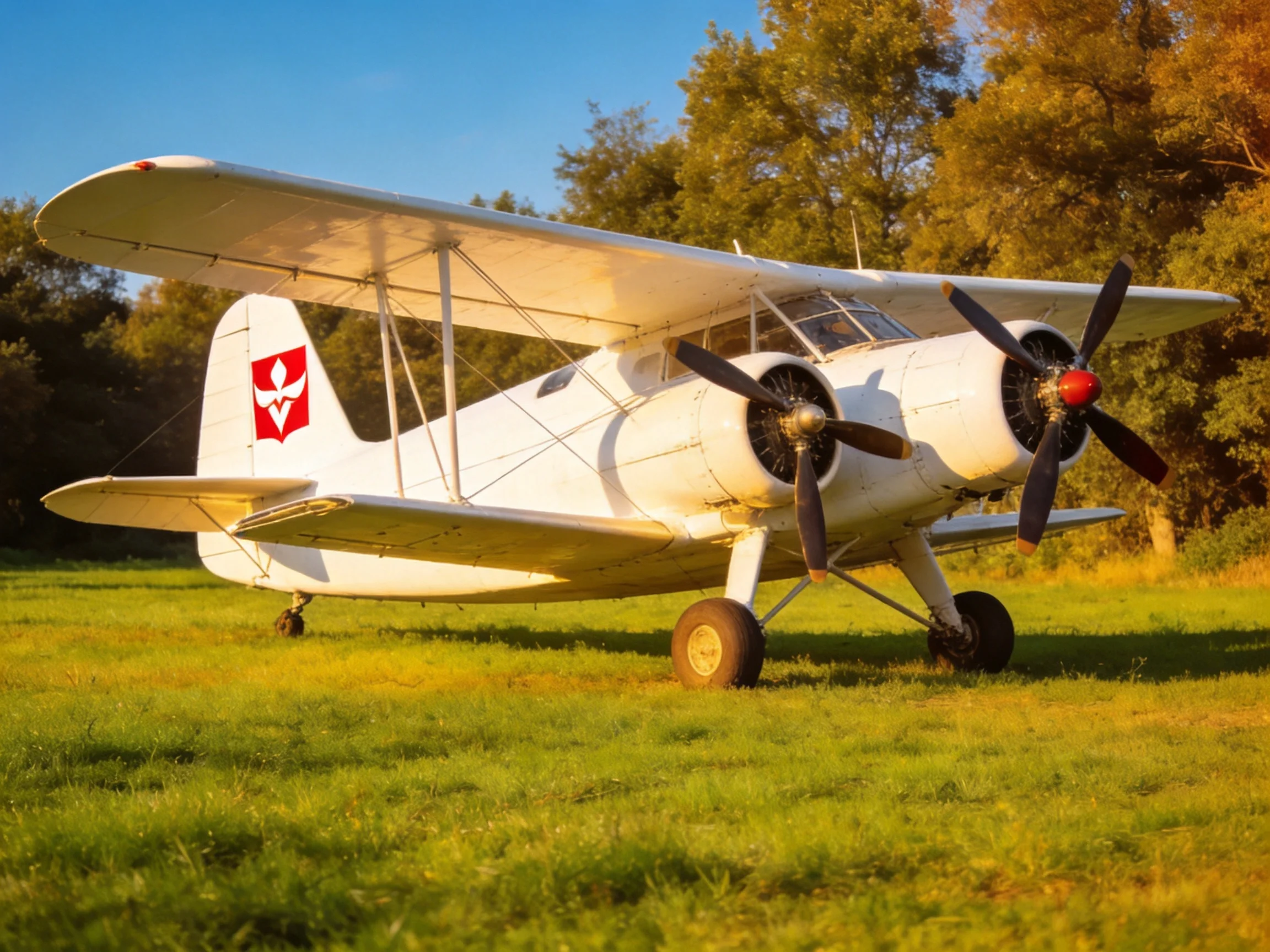 A vintage white twin-engine biplane resting on a grassy field