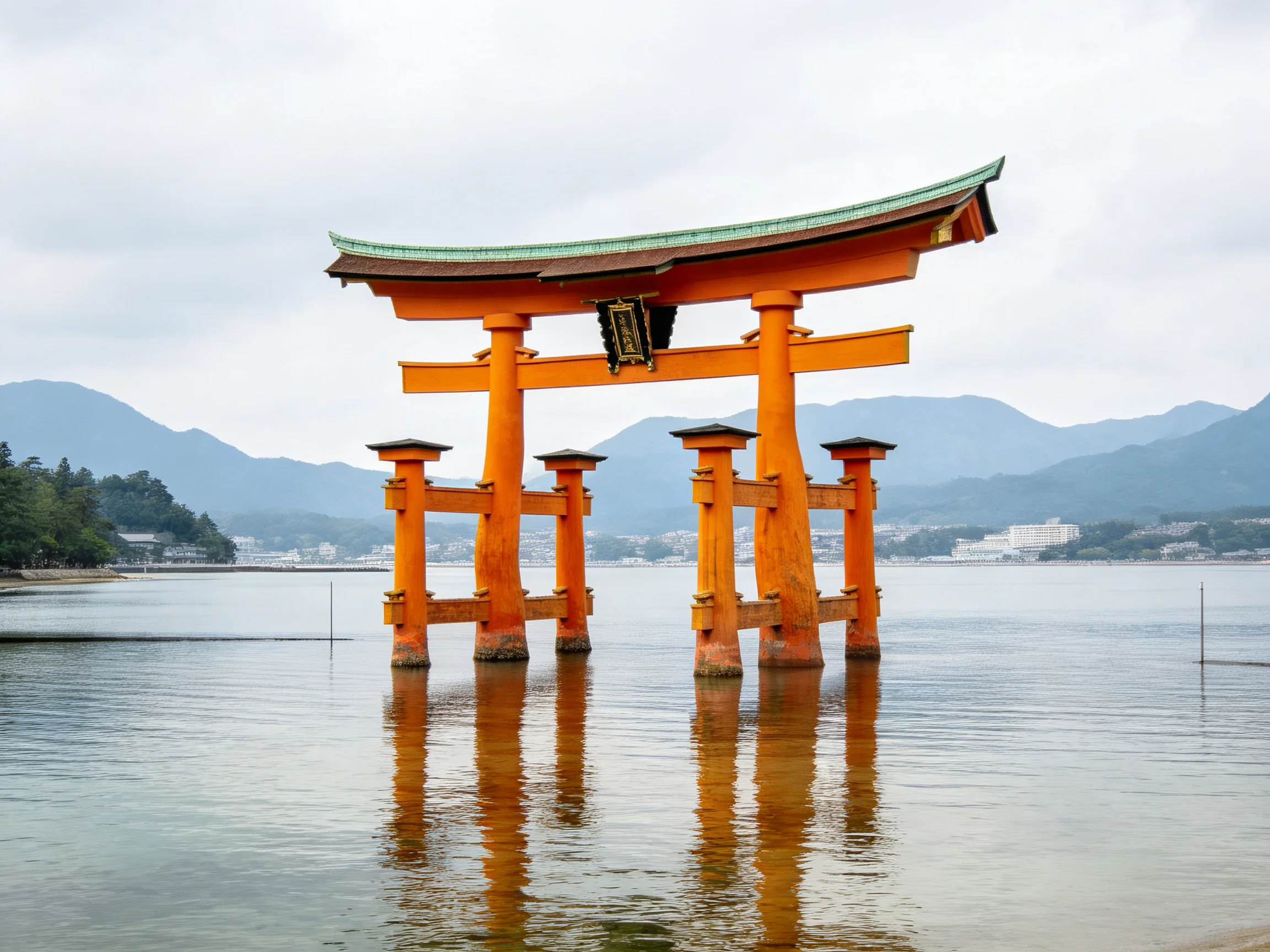 A vivid orange torii gate stands in calm waters near misty mountains
