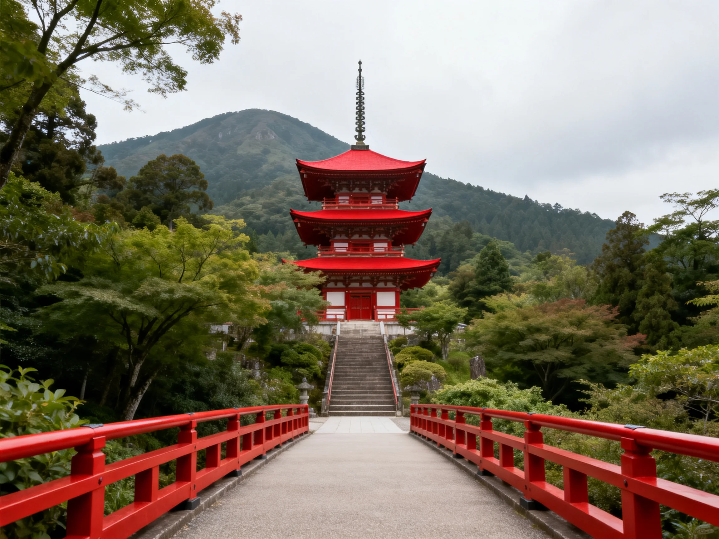 A vivid red three - tiered pagoda beside a red bridge