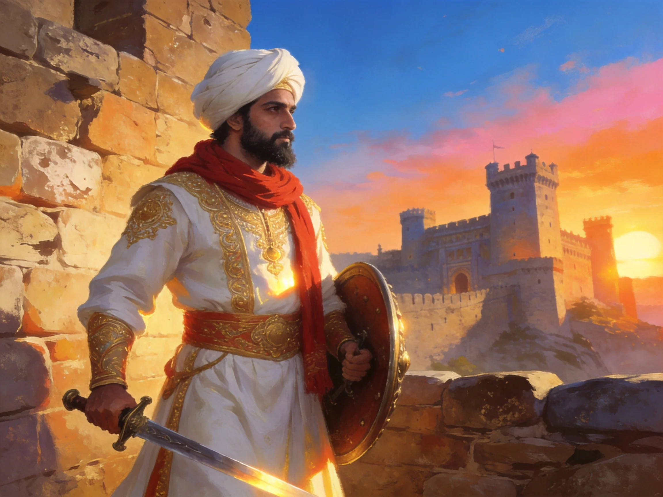 A warrior in ornate white robes stands before ancient stone walls and a castle at sunset