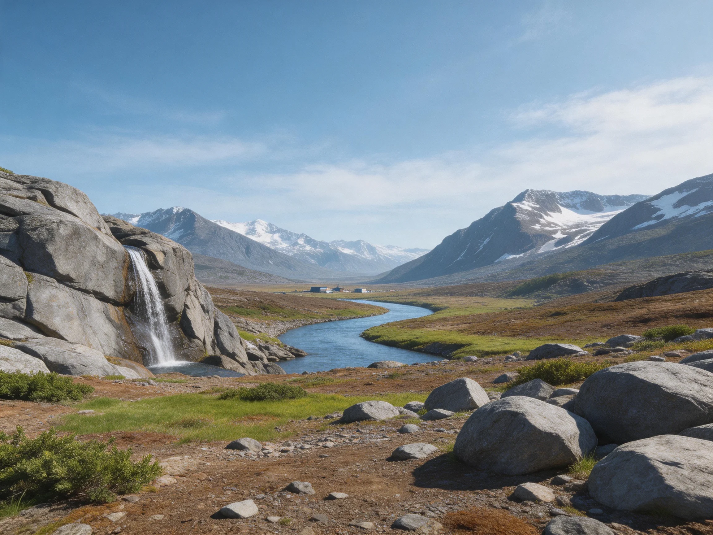 A waterfall cascades over rocks into a winding river near snow-capped mountains