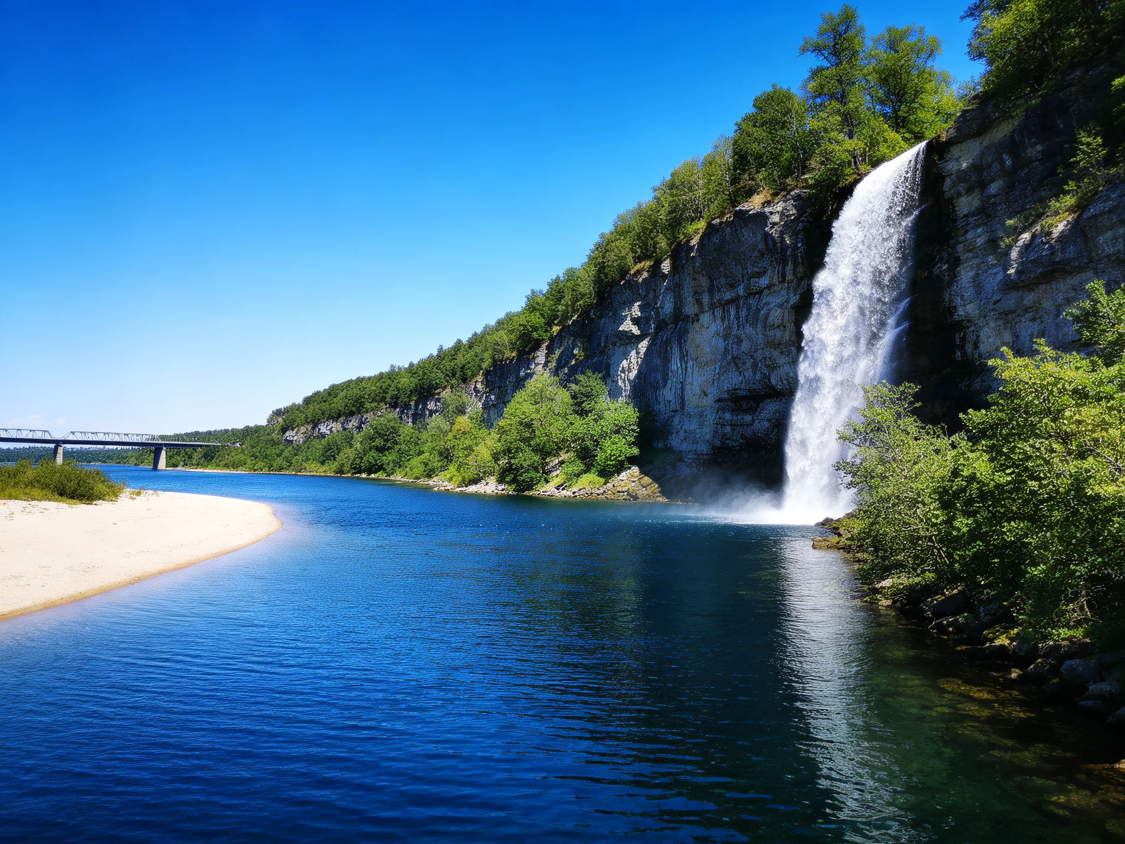 A waterfall cascades over rocky cliffs into a deep blue river near a sandy shore