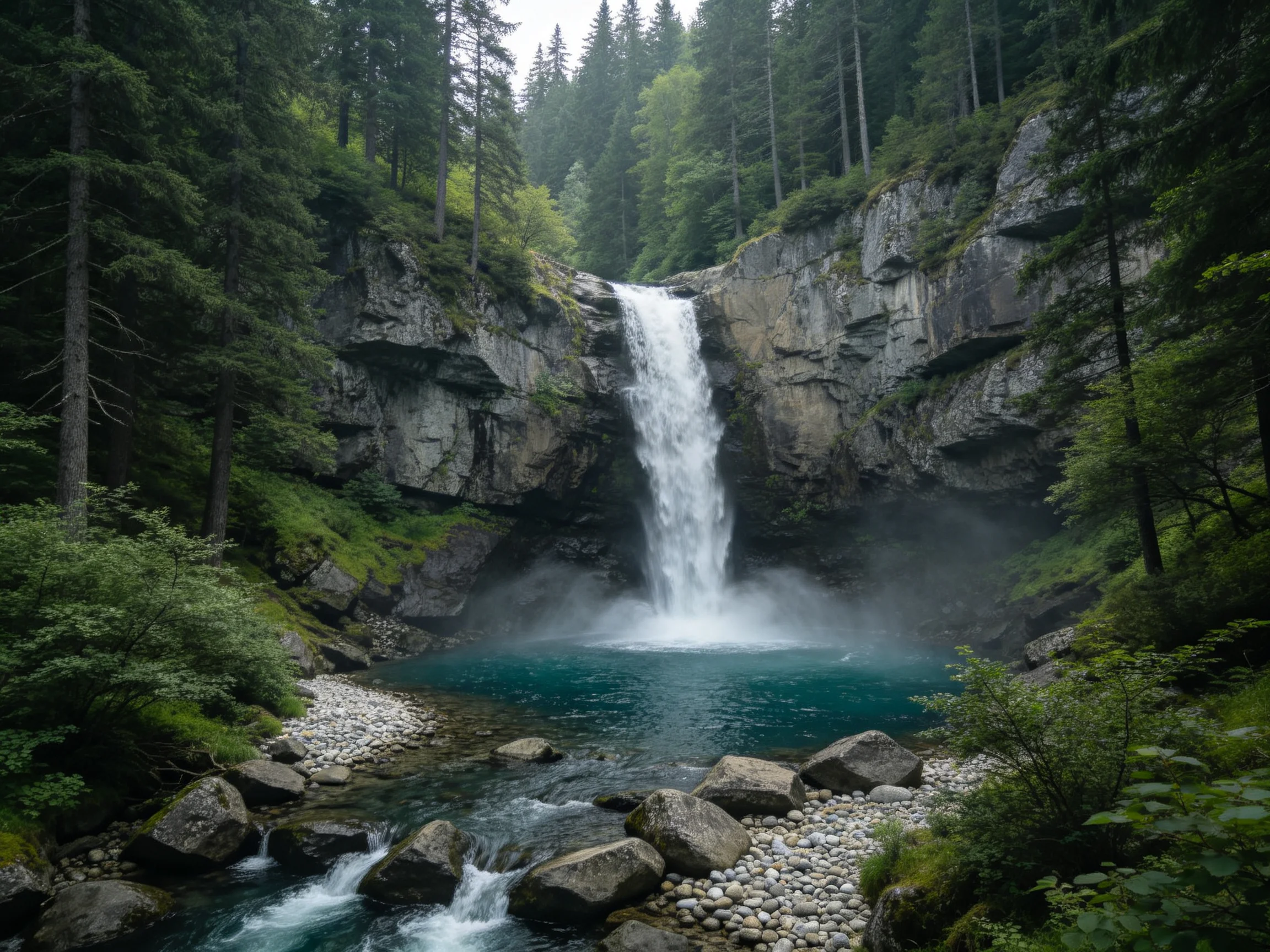 A waterfall cascades over rocky cliffs into a turquoise pool amidst dense green forests