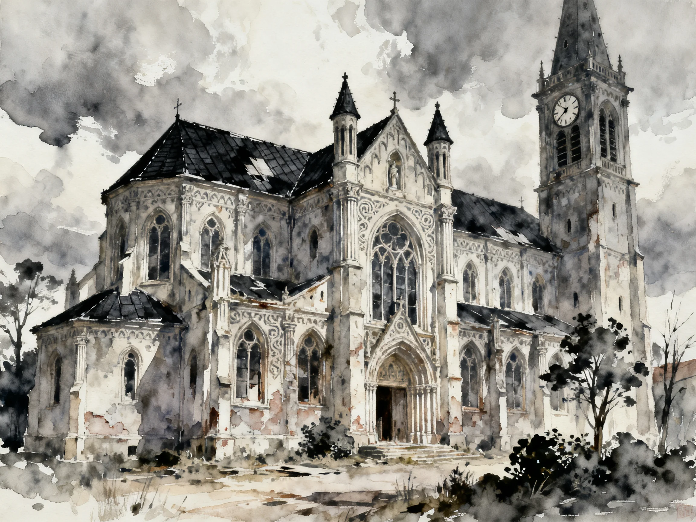 A weathered Gothic church with clock tower and ornate details