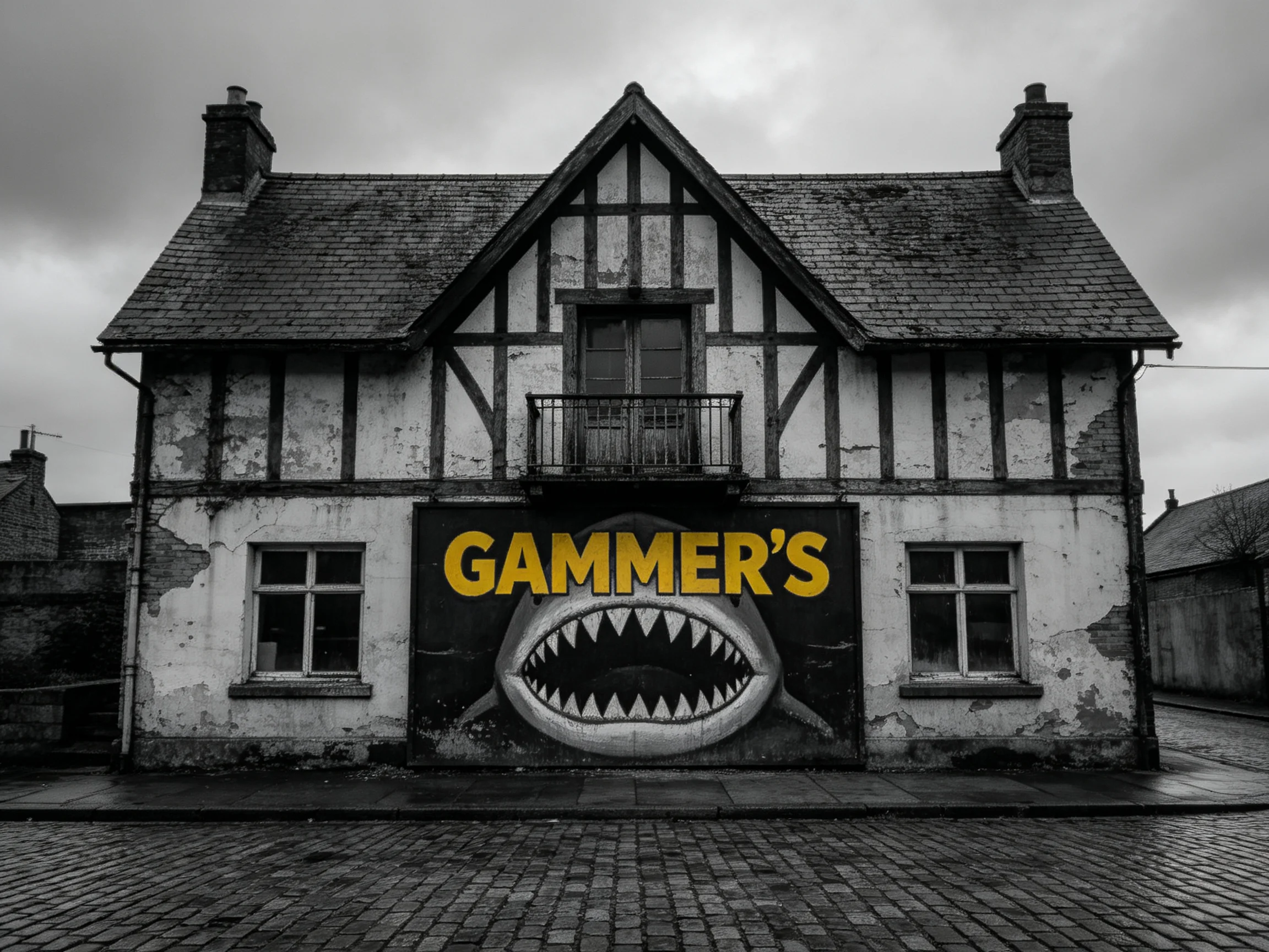 A weathered Tudor-style two-story building with bold shark mural graffiti