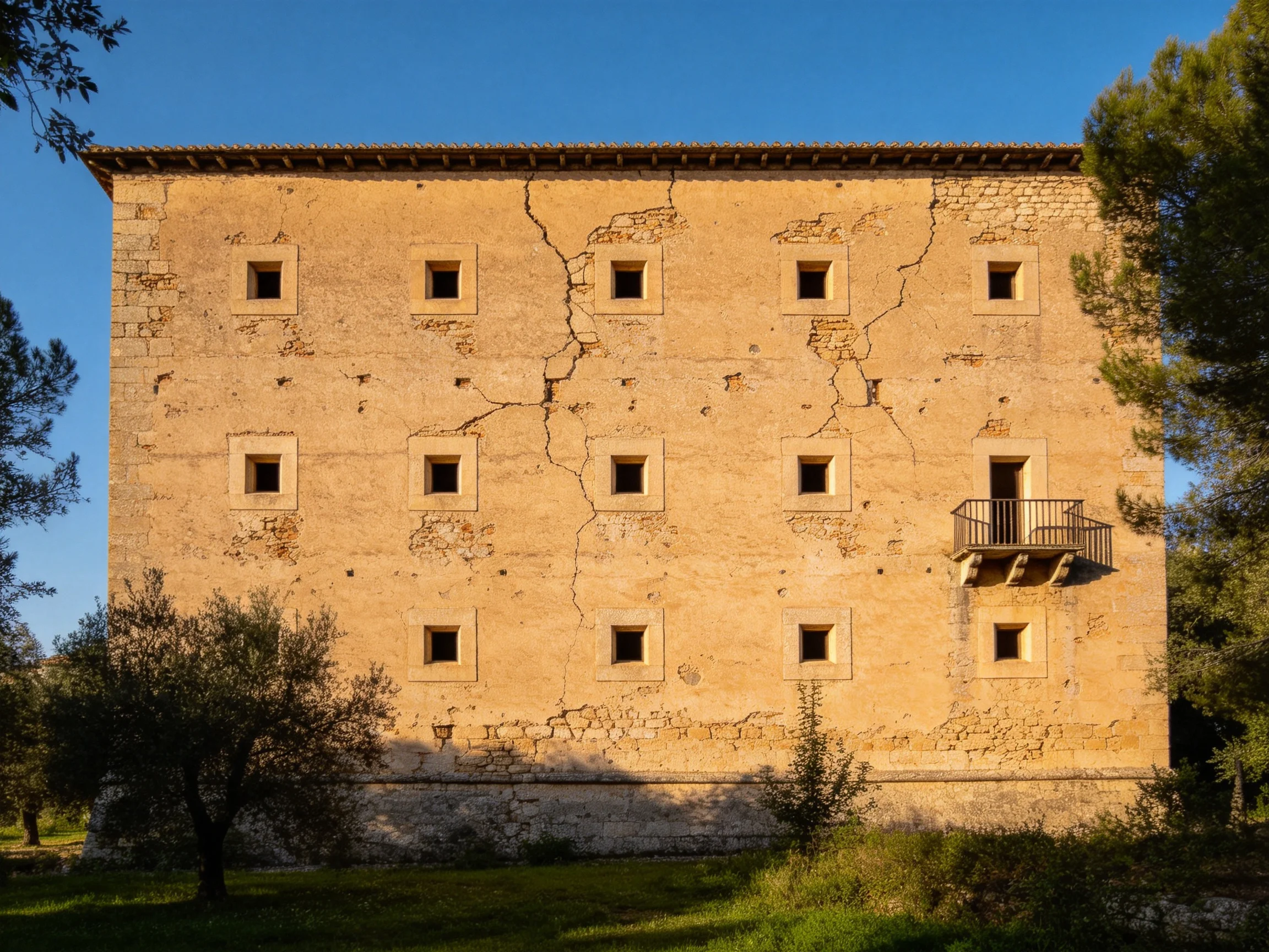 A weathered beige stone building with twelve square windows