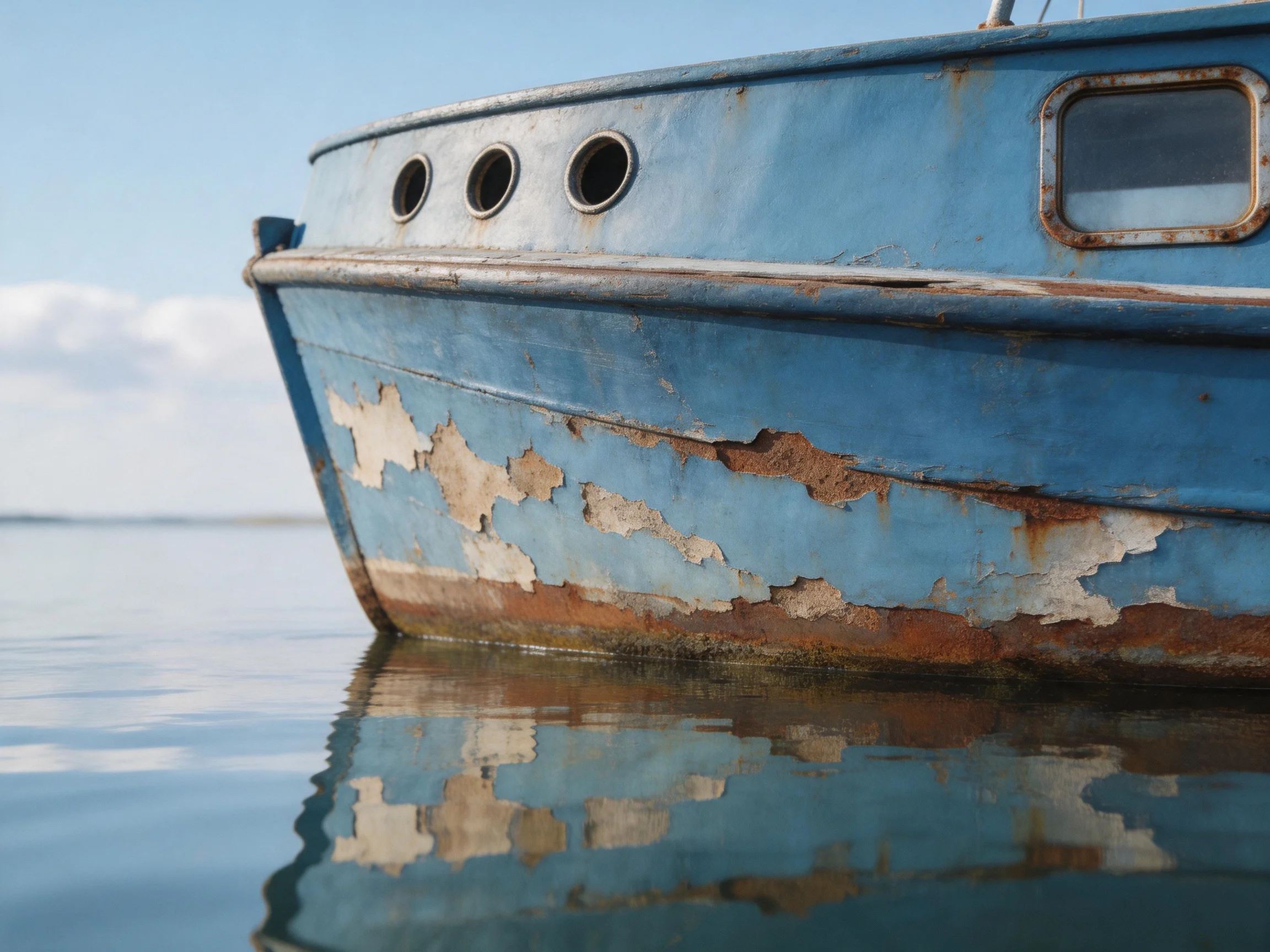 A weathered blue boat with peeling paint floats on calm water