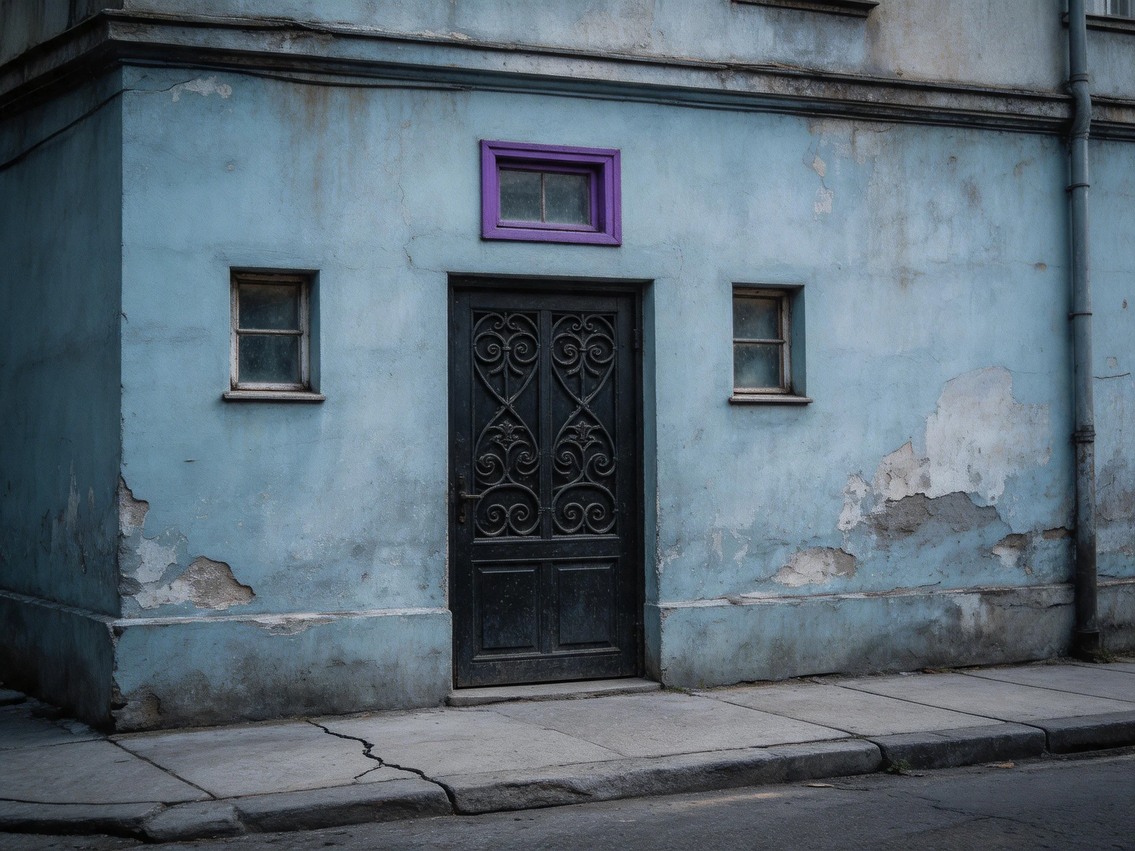 A weathered blue building with ornate black door and purple window