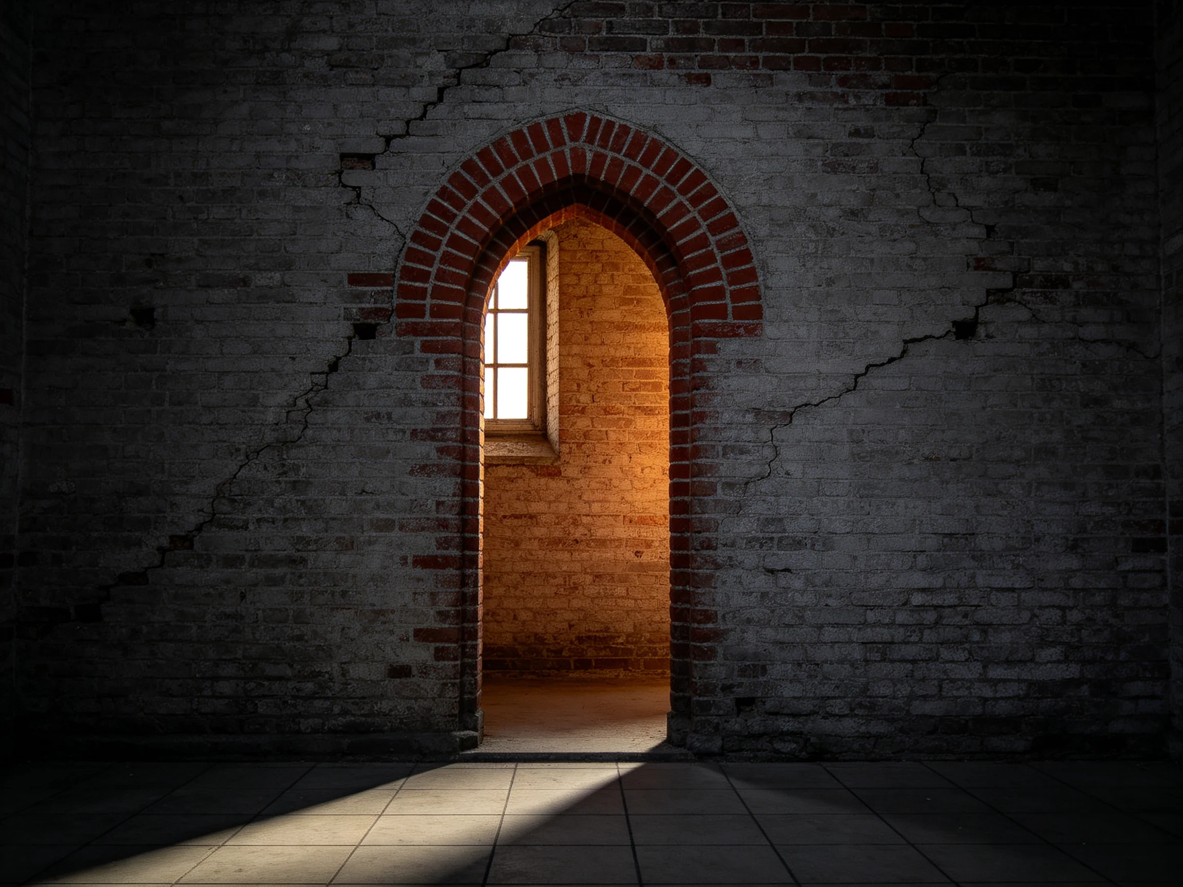 A weathered brick archway opening to a sunlit interior