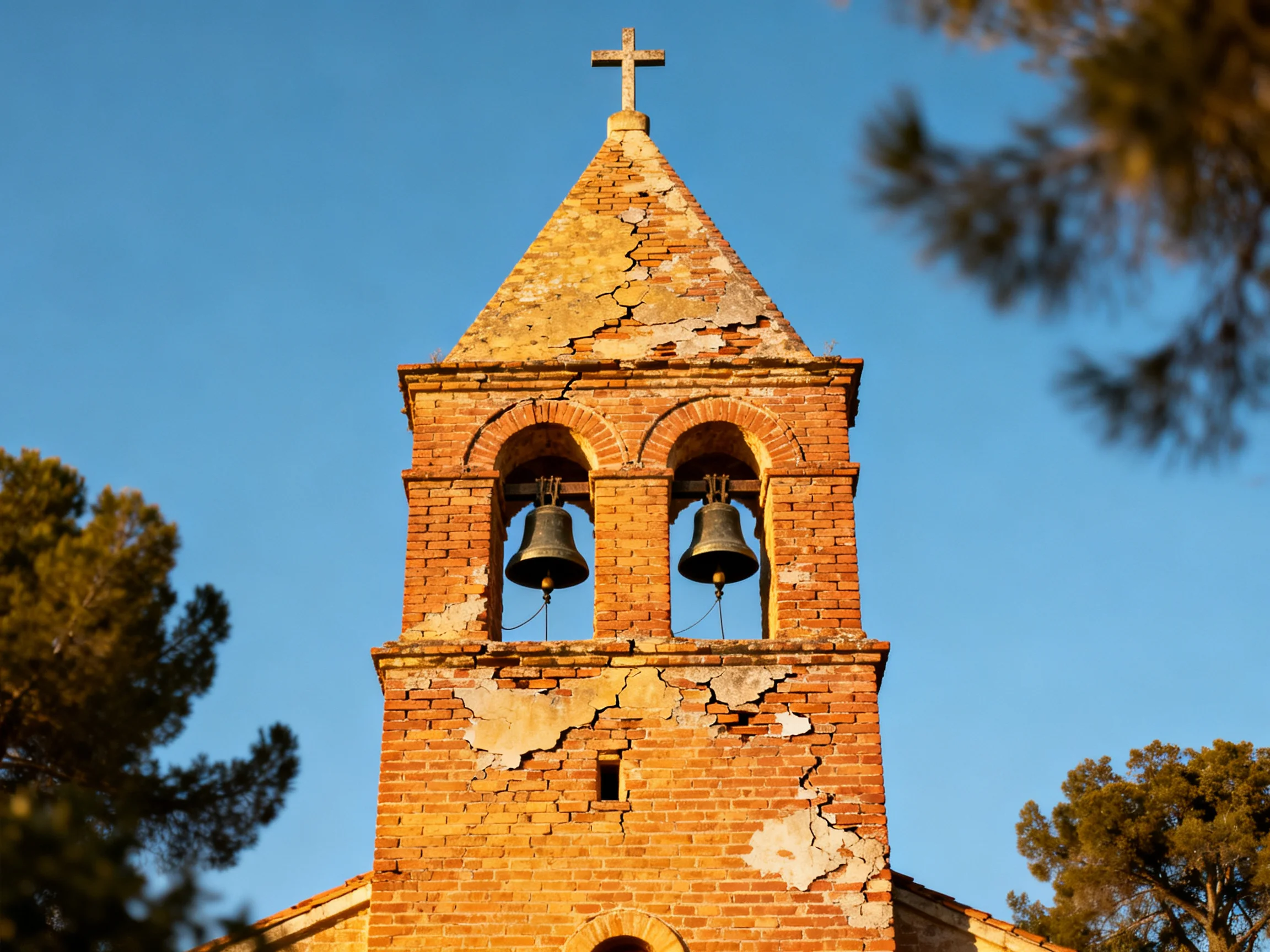 A weathered brick bell tower with two bells and a cross beneath a clear blue sky