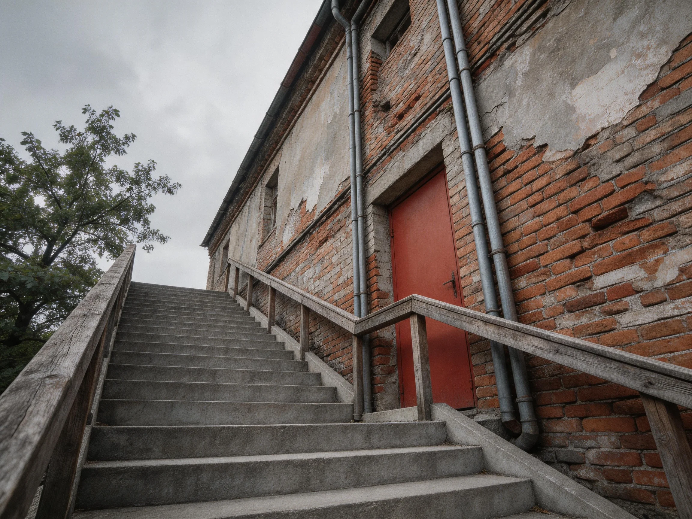 A weathered brick building with a red door beside concrete stairs