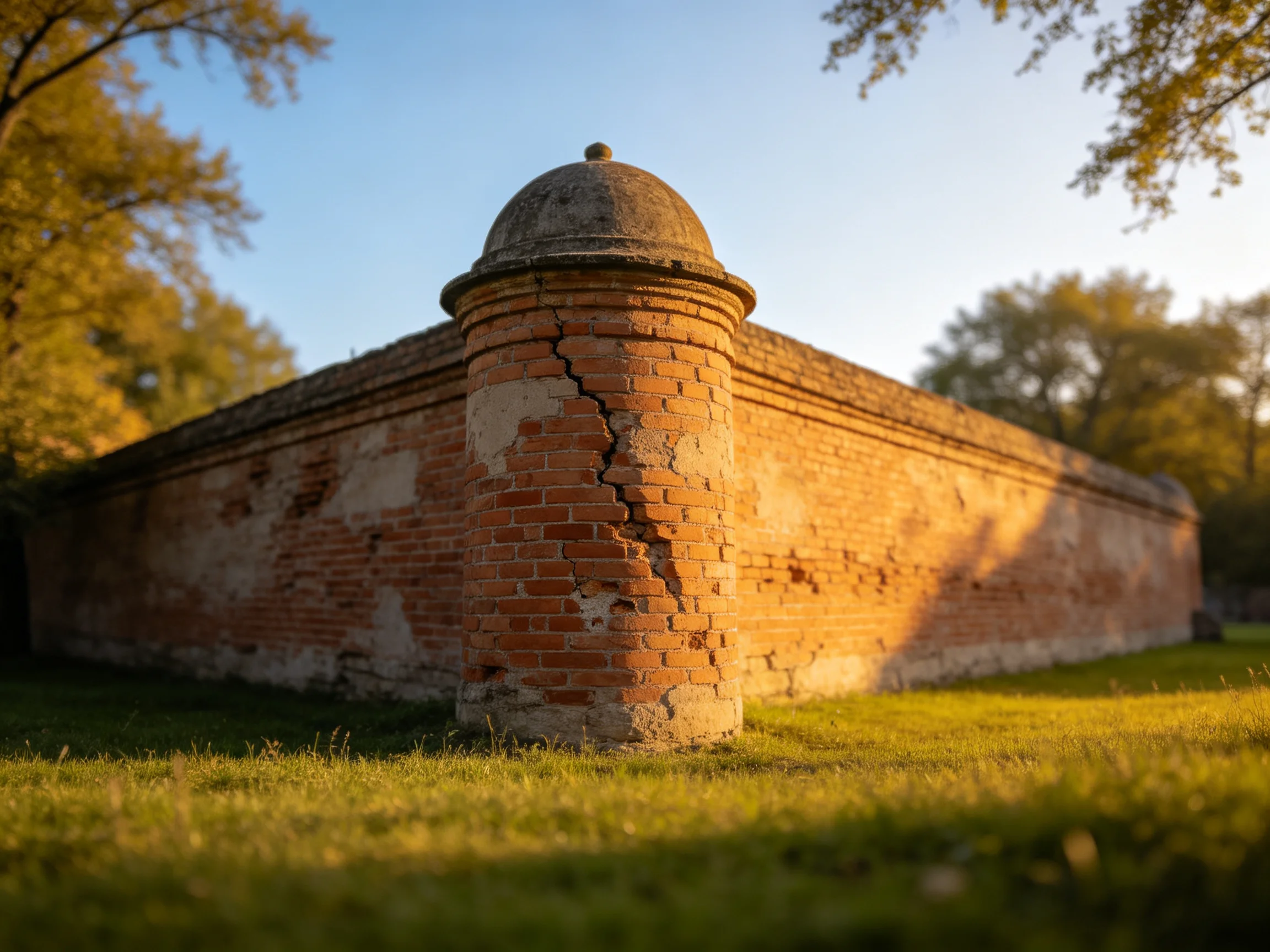 A weathered brick fort wall with a domed tower under golden sunlight