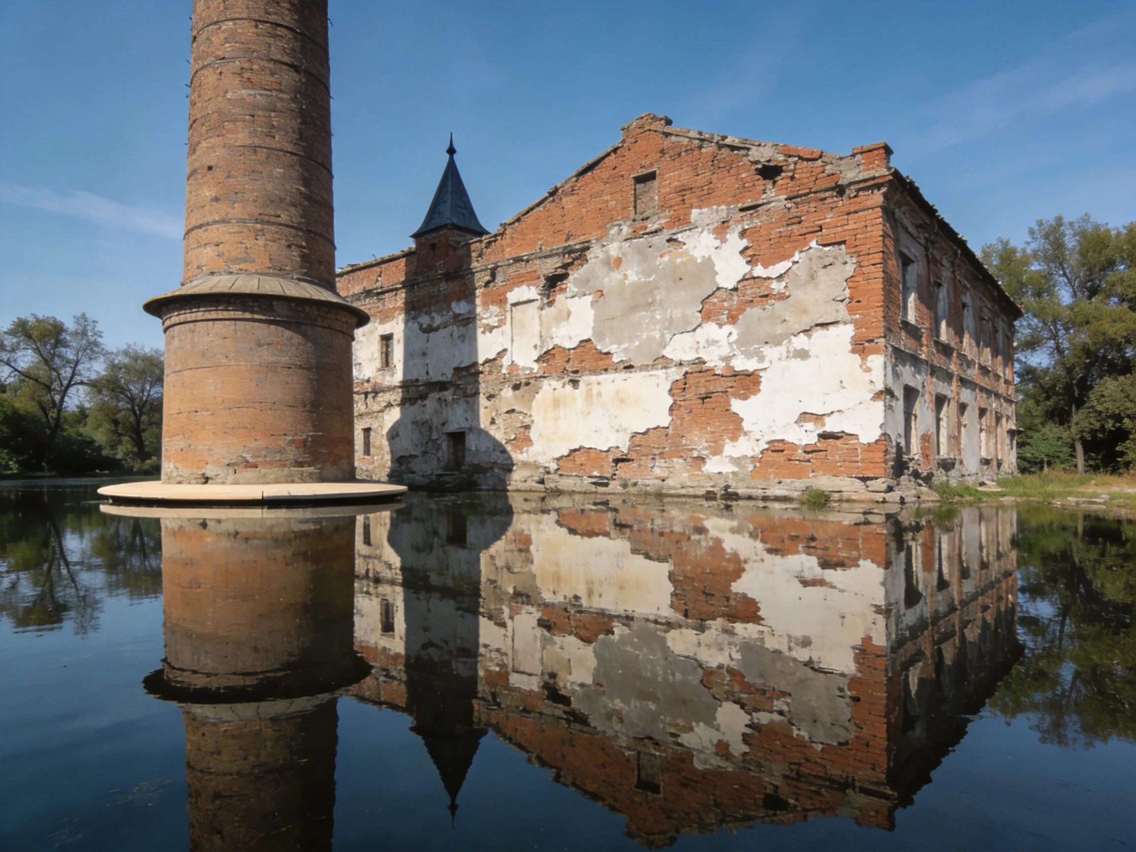 A weathered brick structure with a tall cylindrical tower reflected in calm water