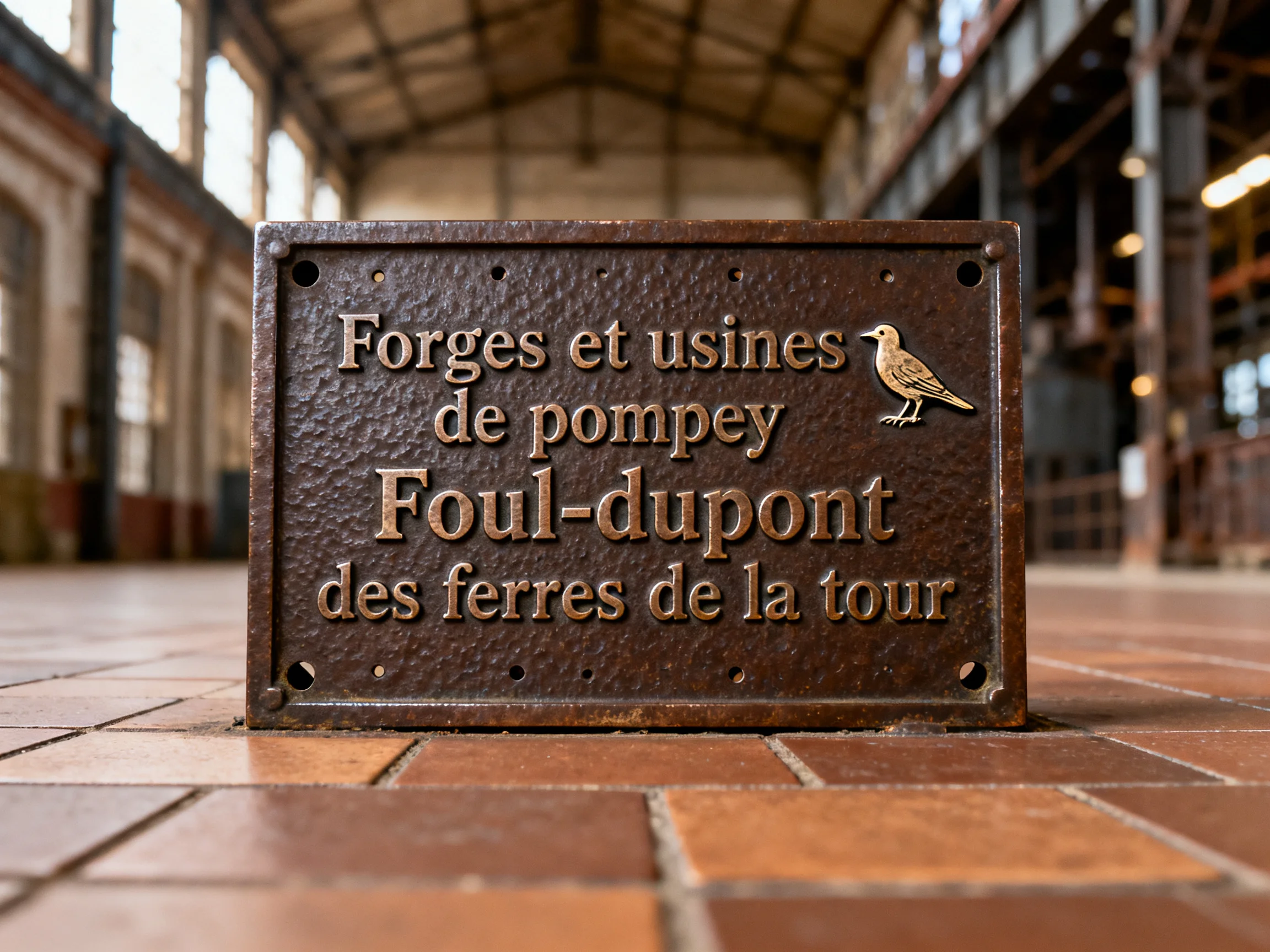 A weathered bronze sign in an old industrial hall
