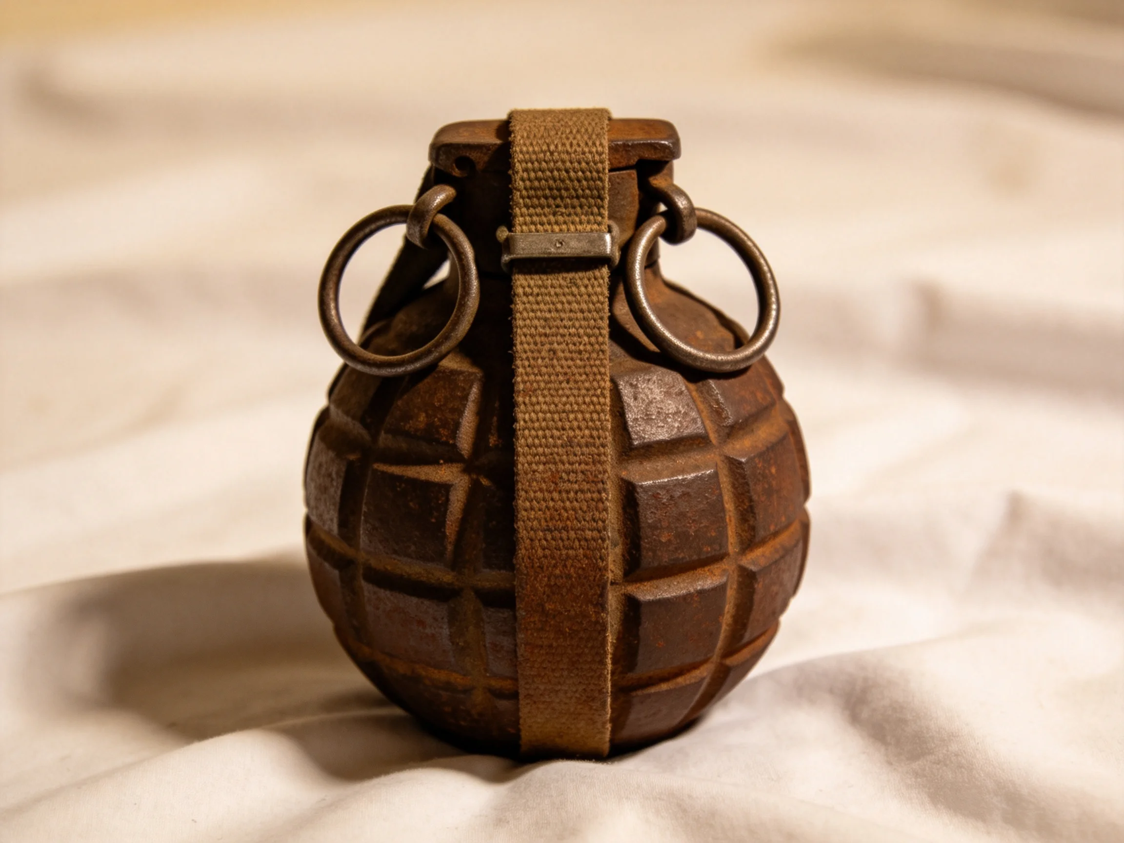 A weathered brown hand grenade with metal loops and fabric strap