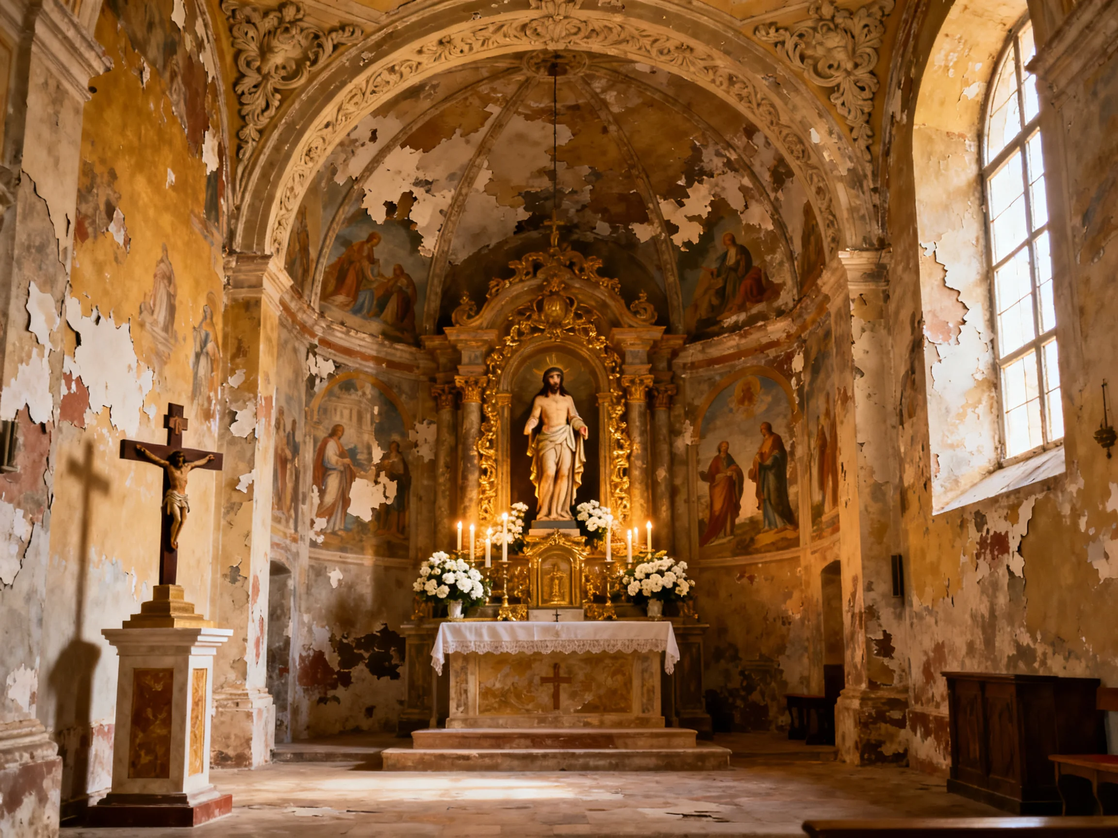 A weathered chapel altar with peeling murals and golden statue
