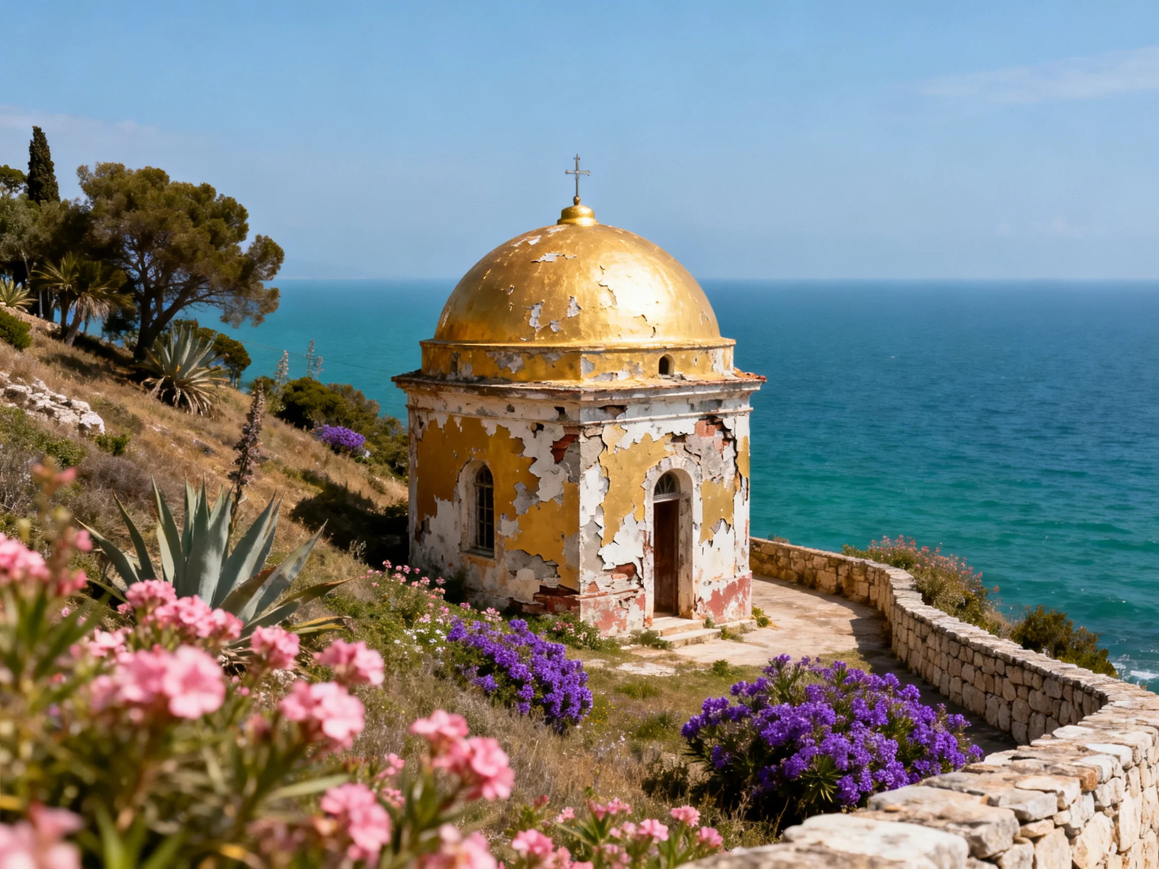A weathered chapel with a golden dome overlooks turquoise waters