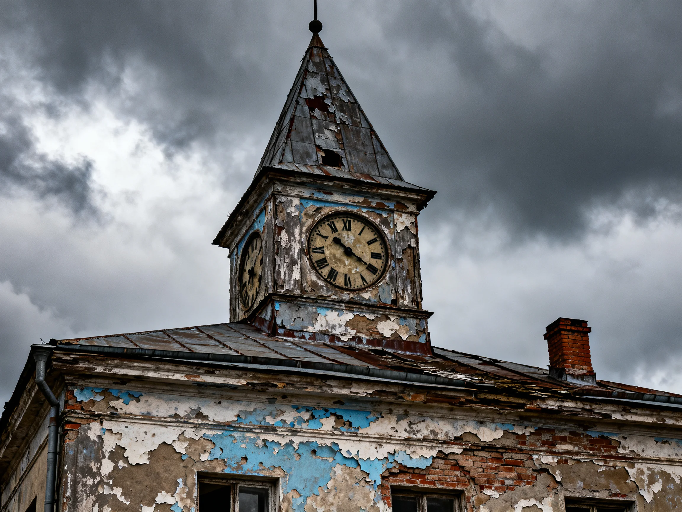 A weathered clock tower with peeling blue paint under dark stormy skies