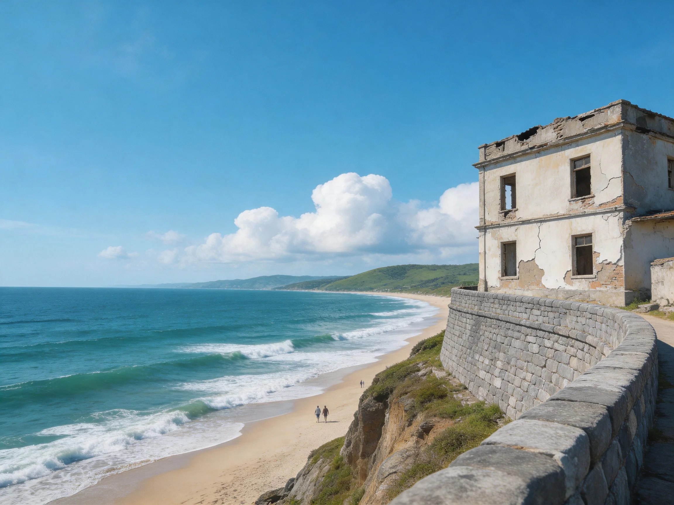 A weathered coastal fortress overlooks a sandy shoreline with turquoise waves