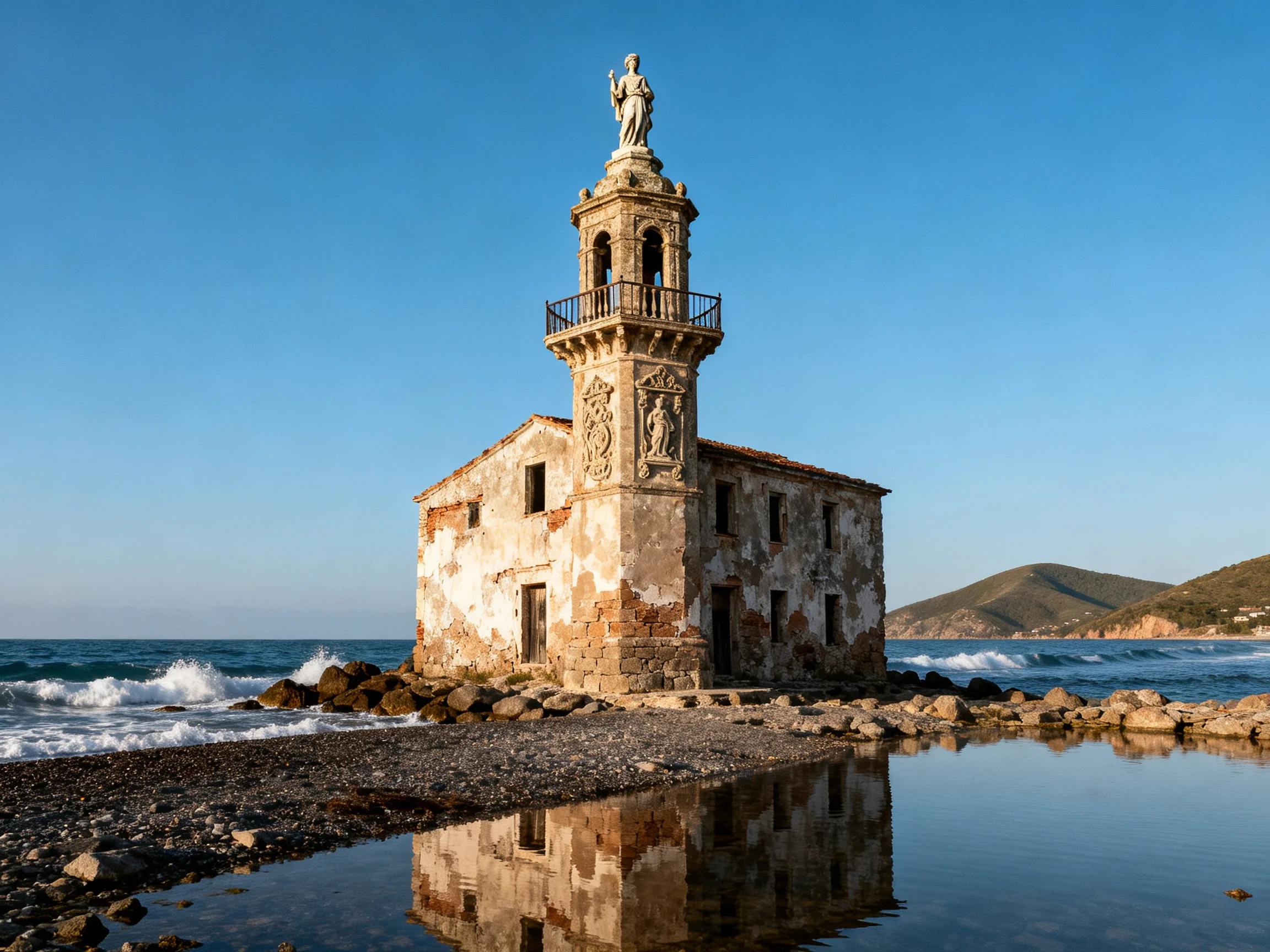 A weathered coastal tower house with peeling paint by rocky shores