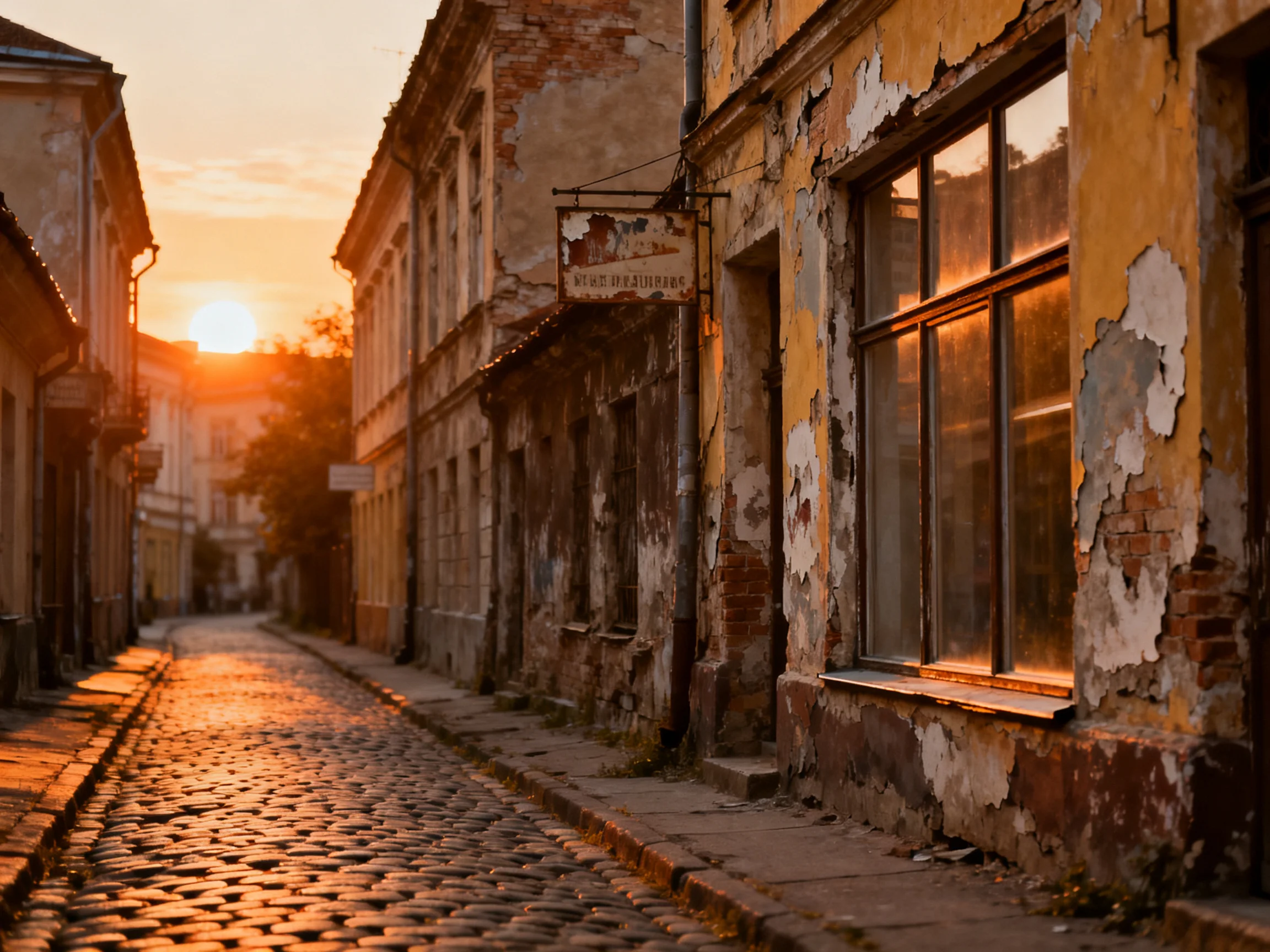 A weathered cobblestone street bathed in golden sunset light