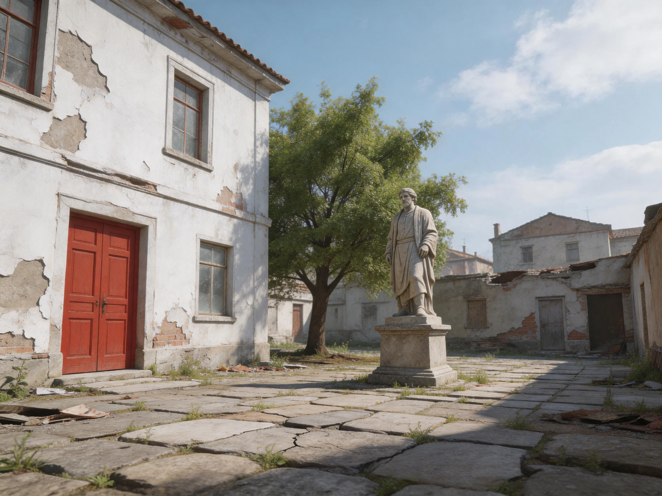 A weathered courtyard with a stone statue near aged white buildings