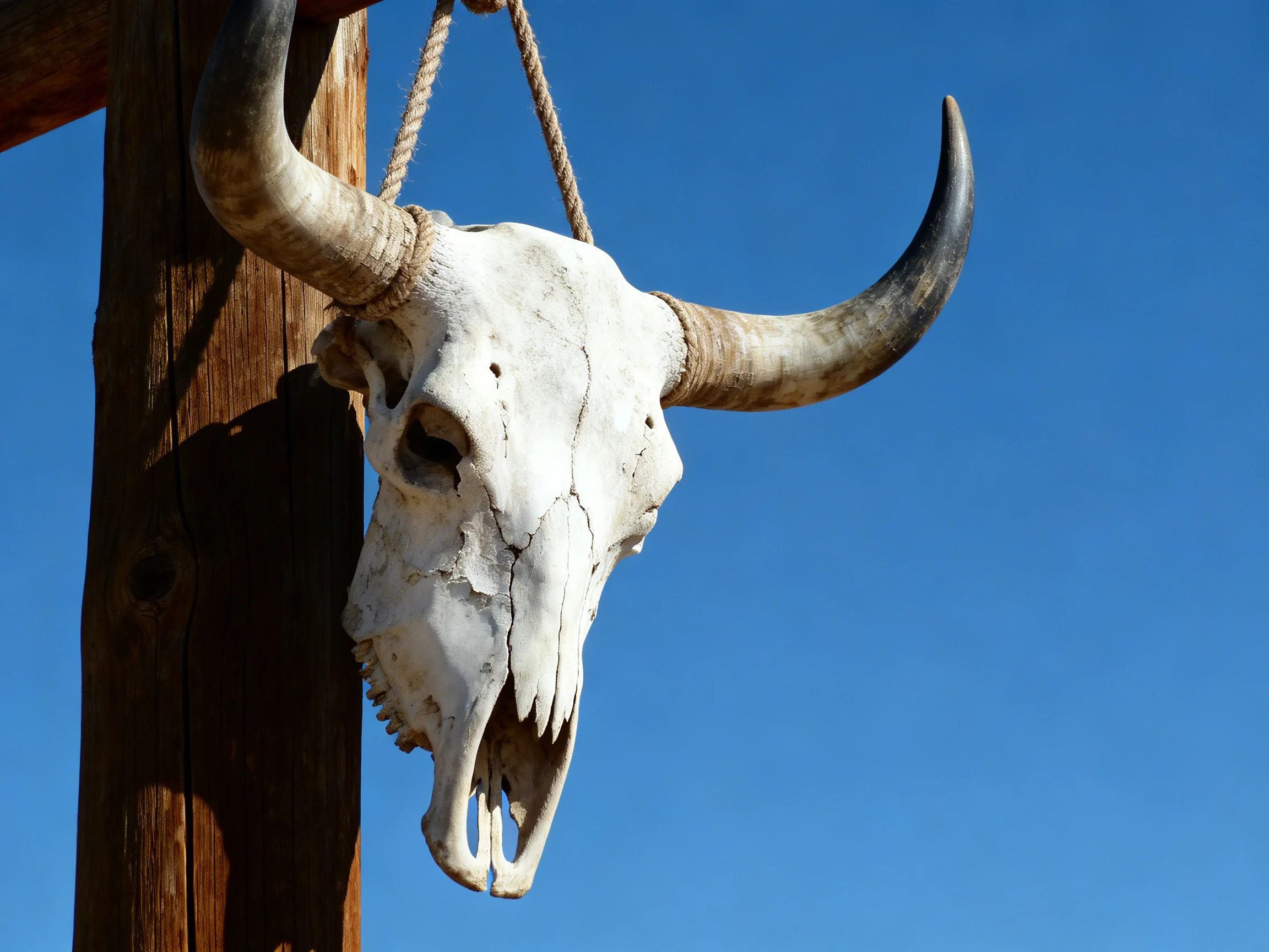 A weathered cow skull with large curved horns hangs from a wooden post