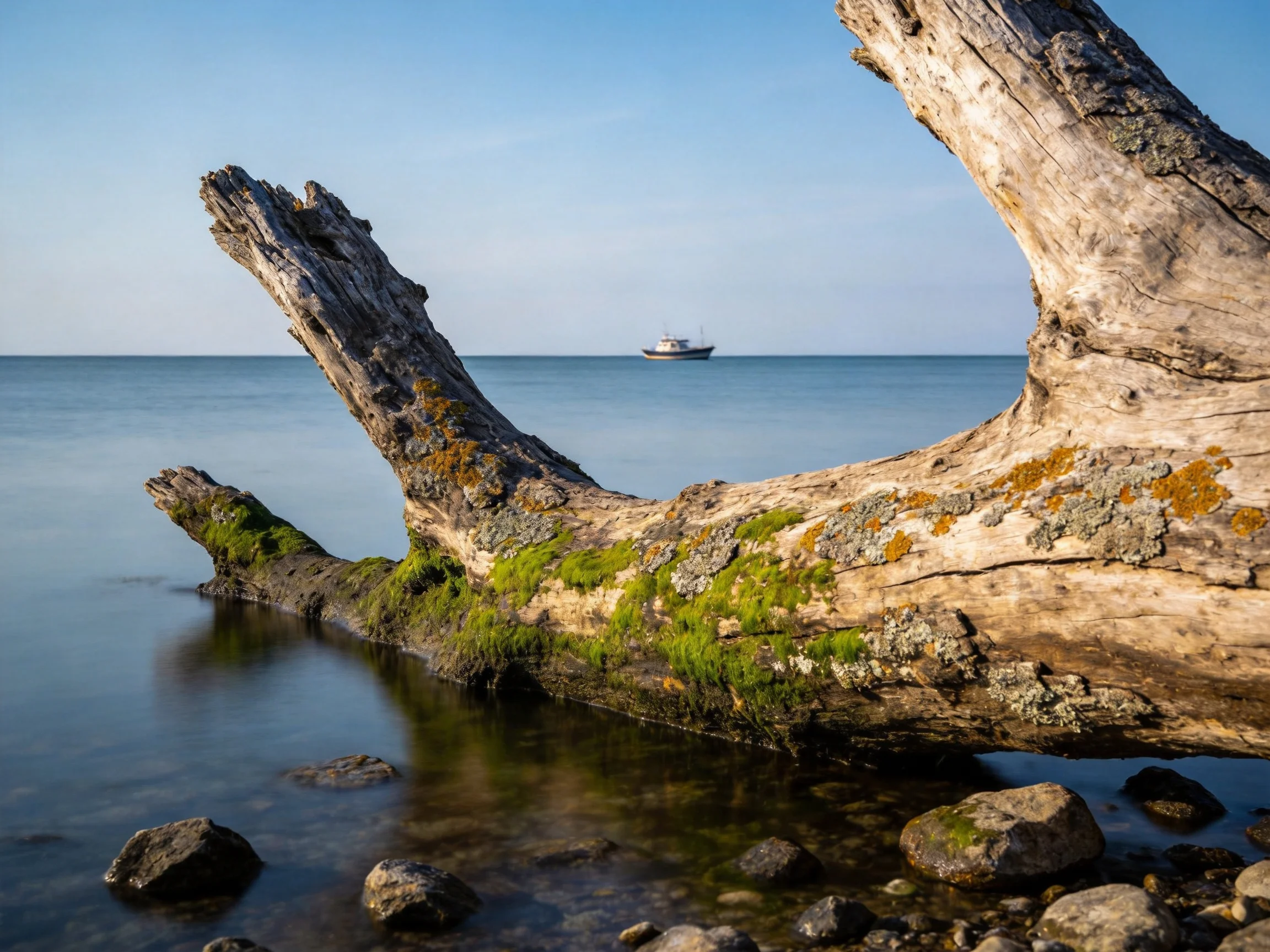 A weathered driftwood log rests near calm waters with a distant boat