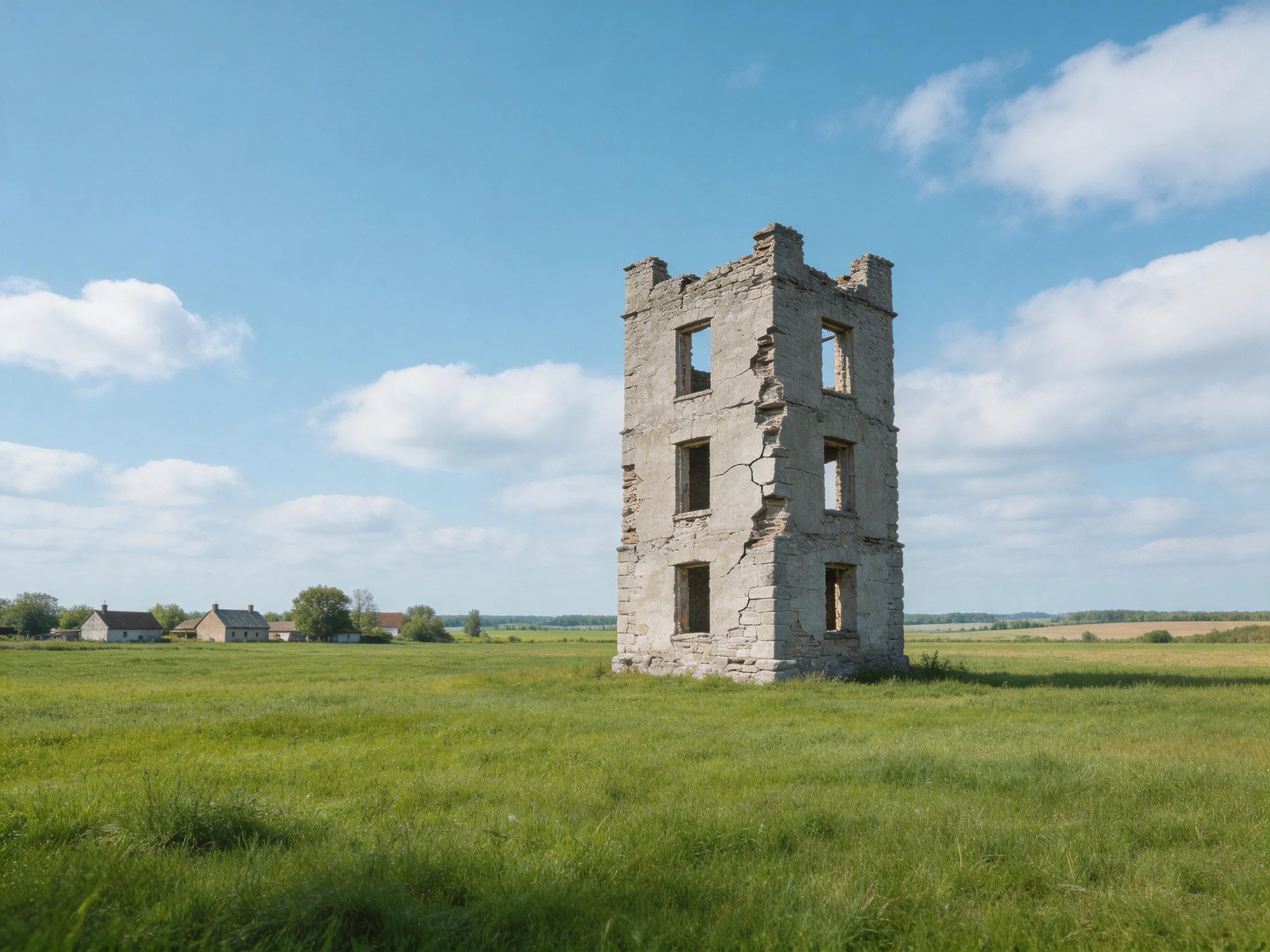 A weathered four - story stone tower stands alone in a lush green field