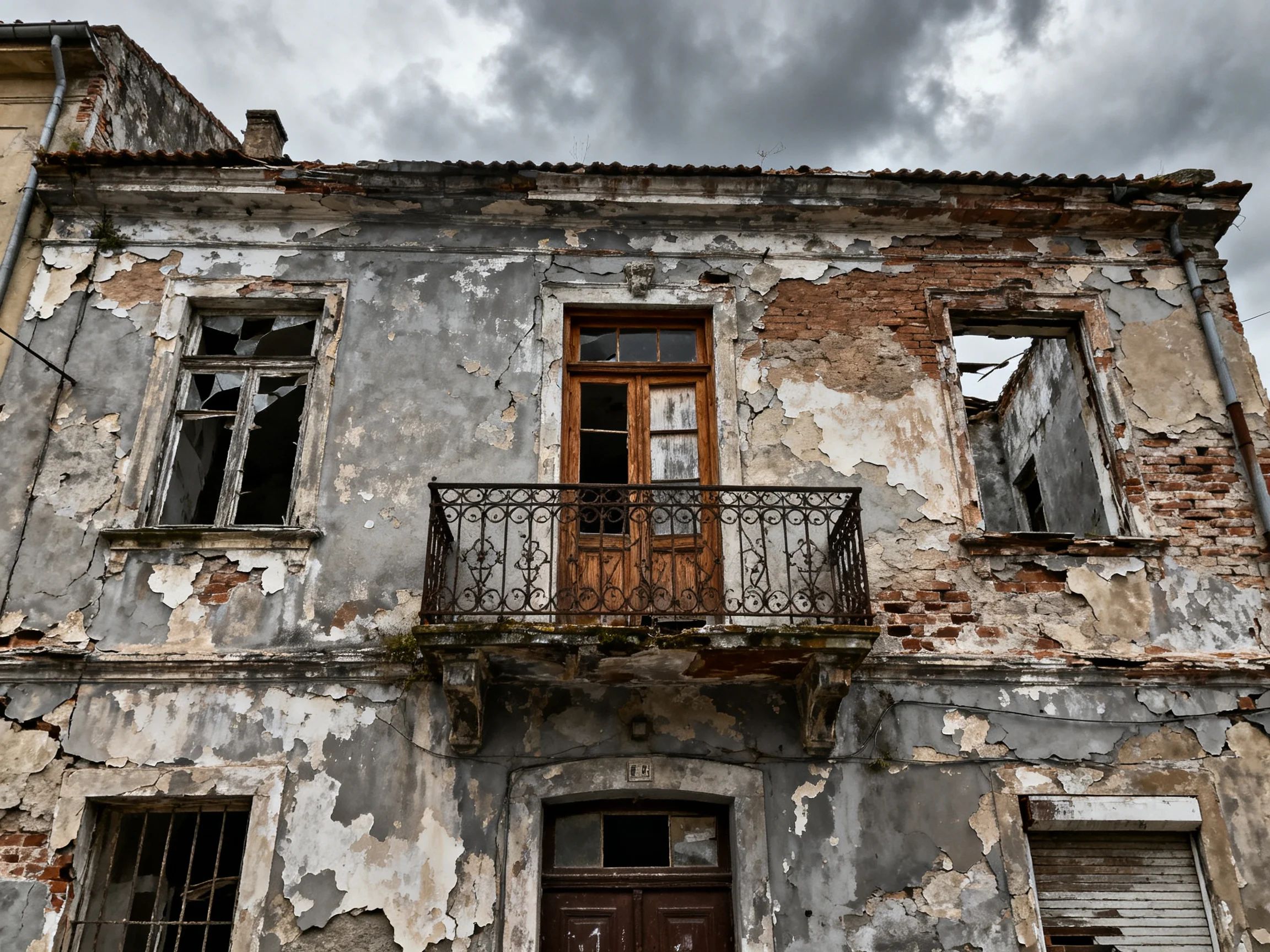A weathered gray building with peeling paint and a wooden balcony