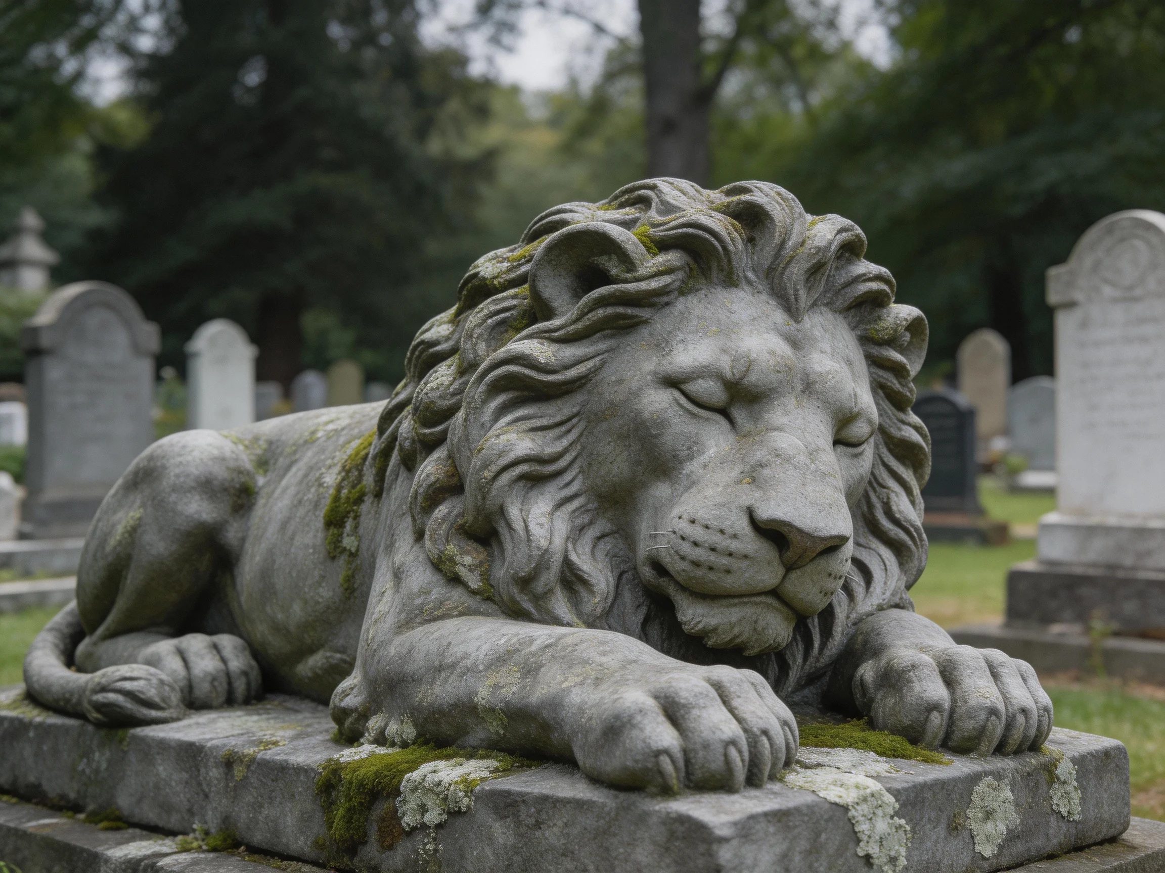 A weathered gray stone lion statue resting among a green cemetery