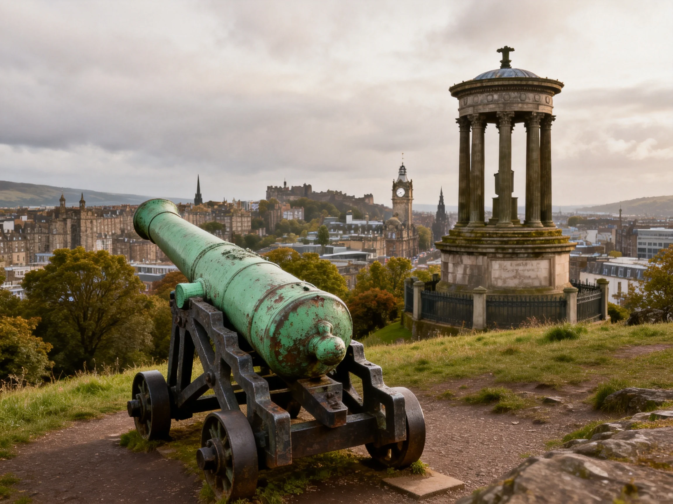 A weathered green cannon near a stone monument overlooks Edinburgh