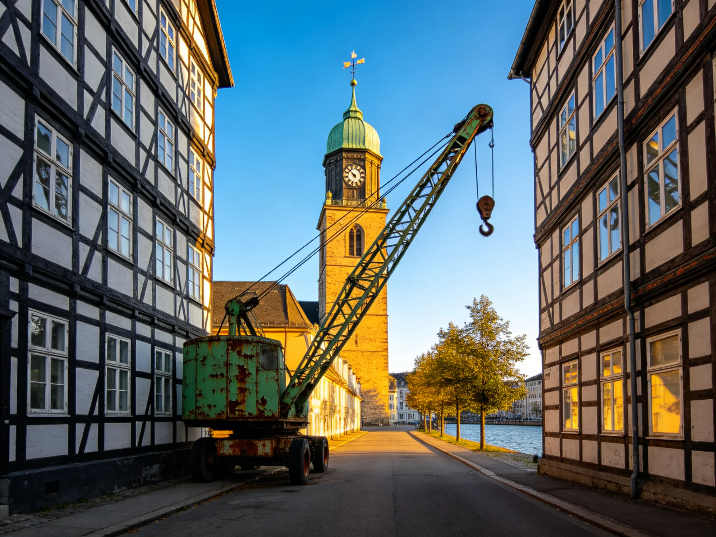 A weathered green crane near timber-framed buildings and a historic clock tower