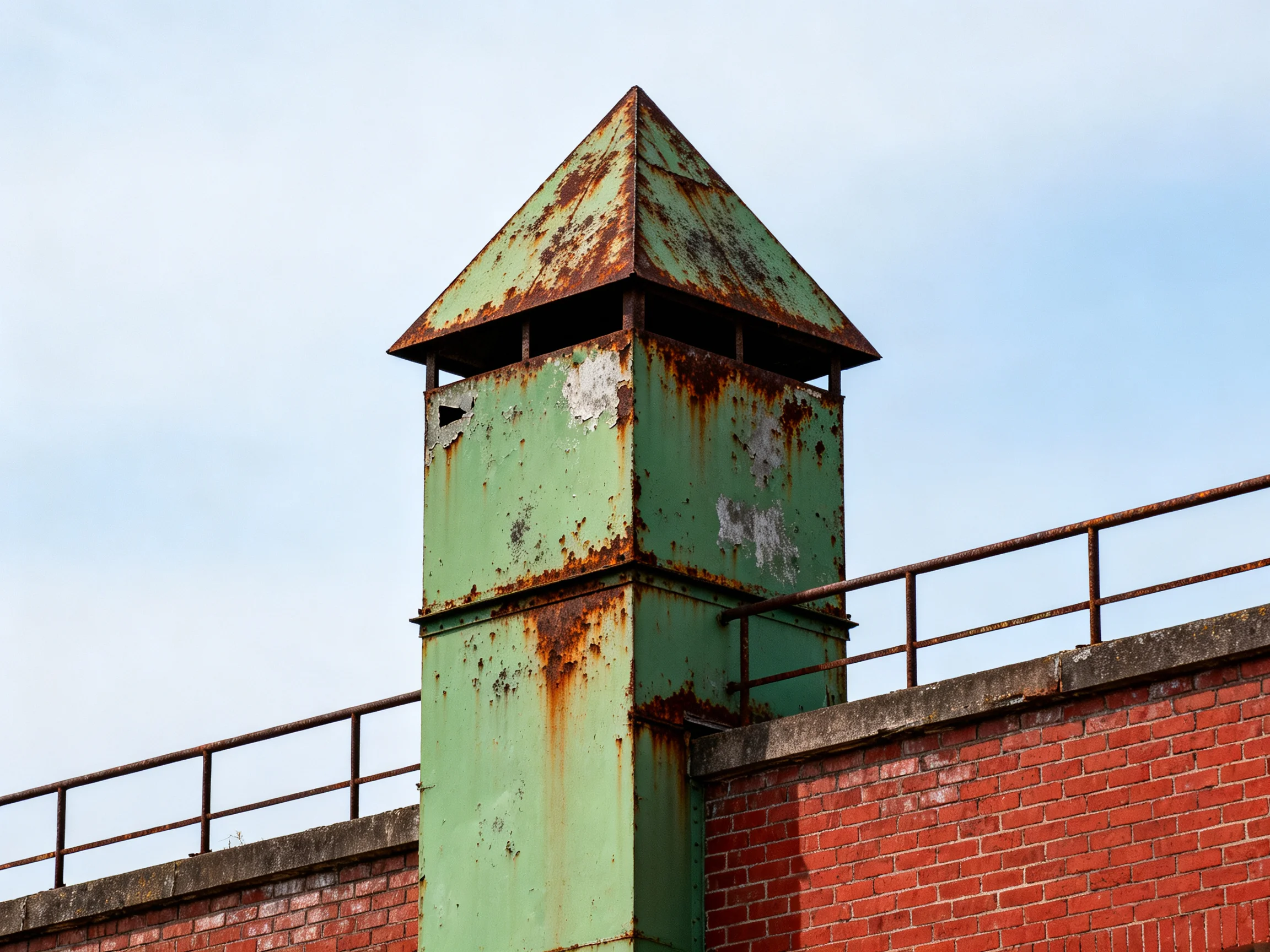 A weathered green metal watchtower atop a red brick wall