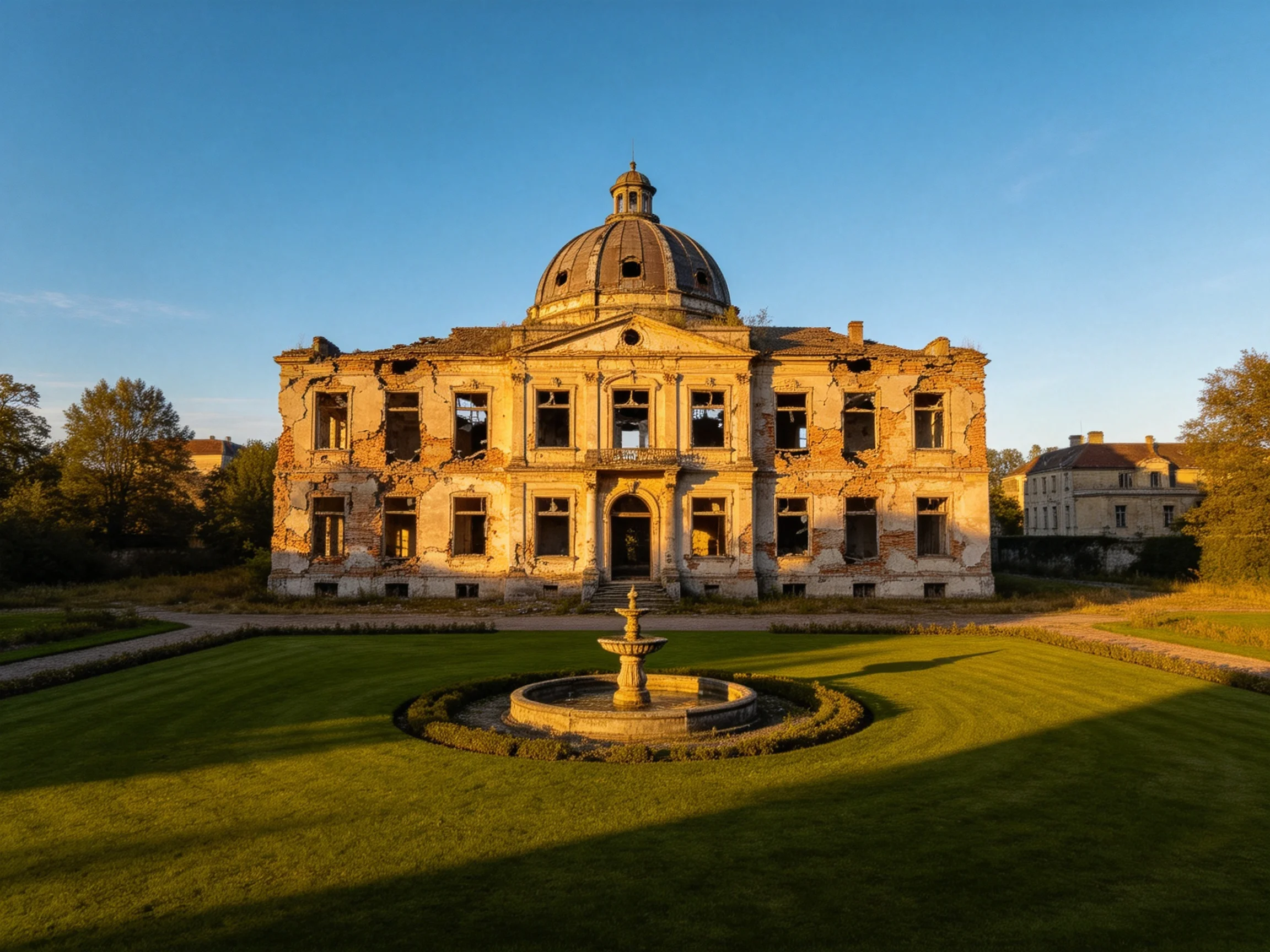 A weathered historical mansion with a central fountain and manicured lawn