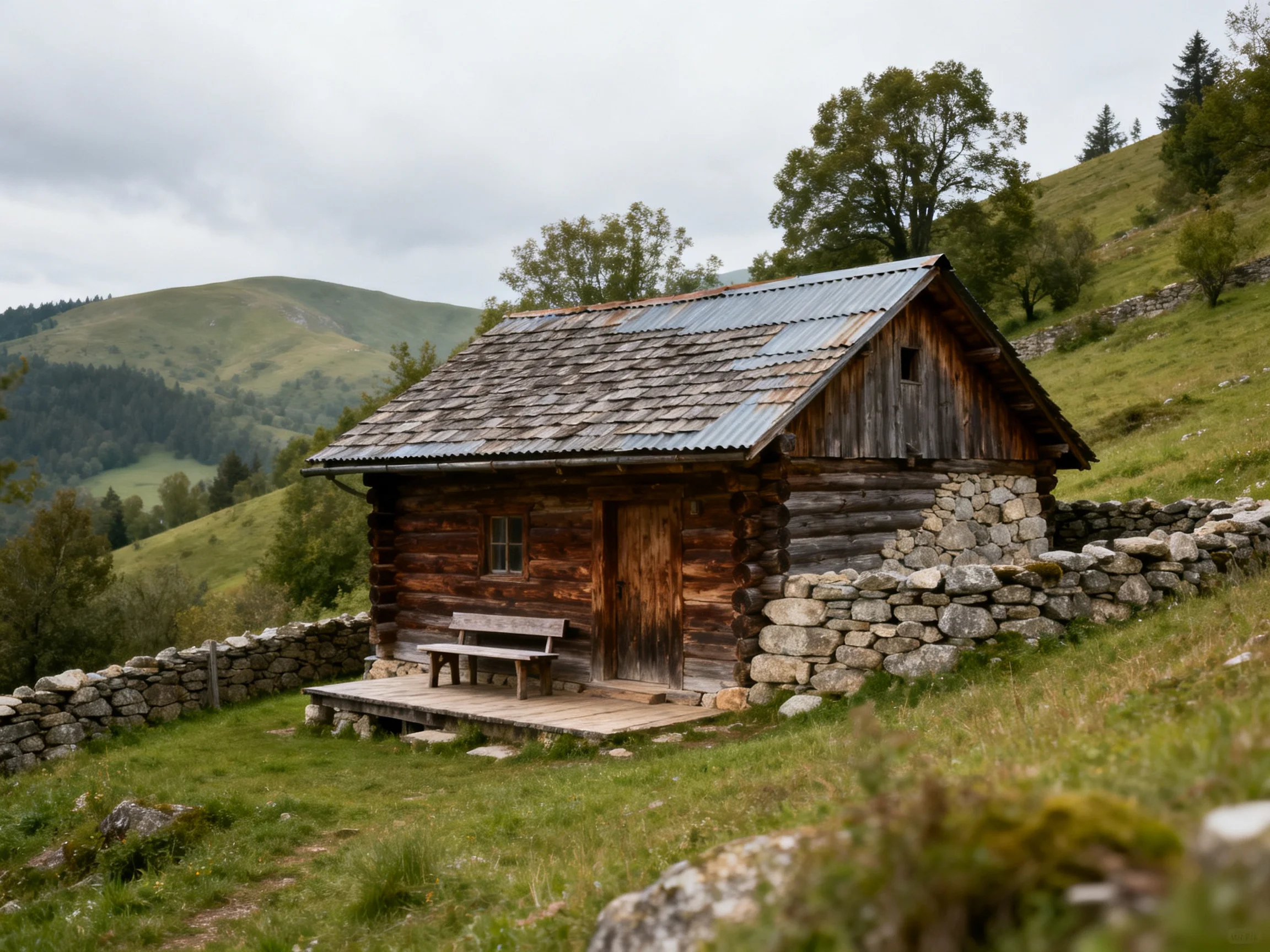 A weathered log cabin beside stone walls on rolling green hills