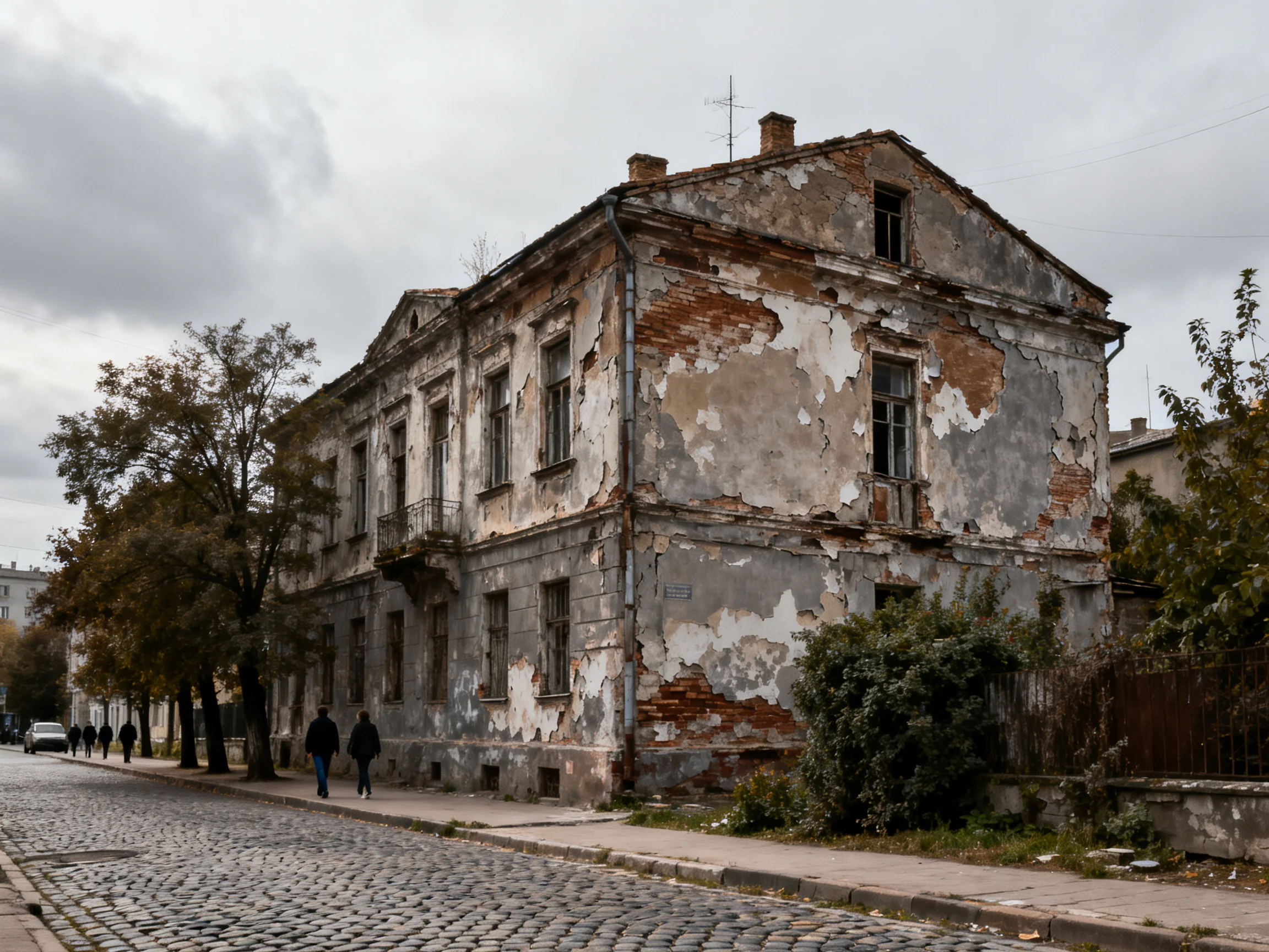 A weathered, peeling two-story building beside a cobblestone street