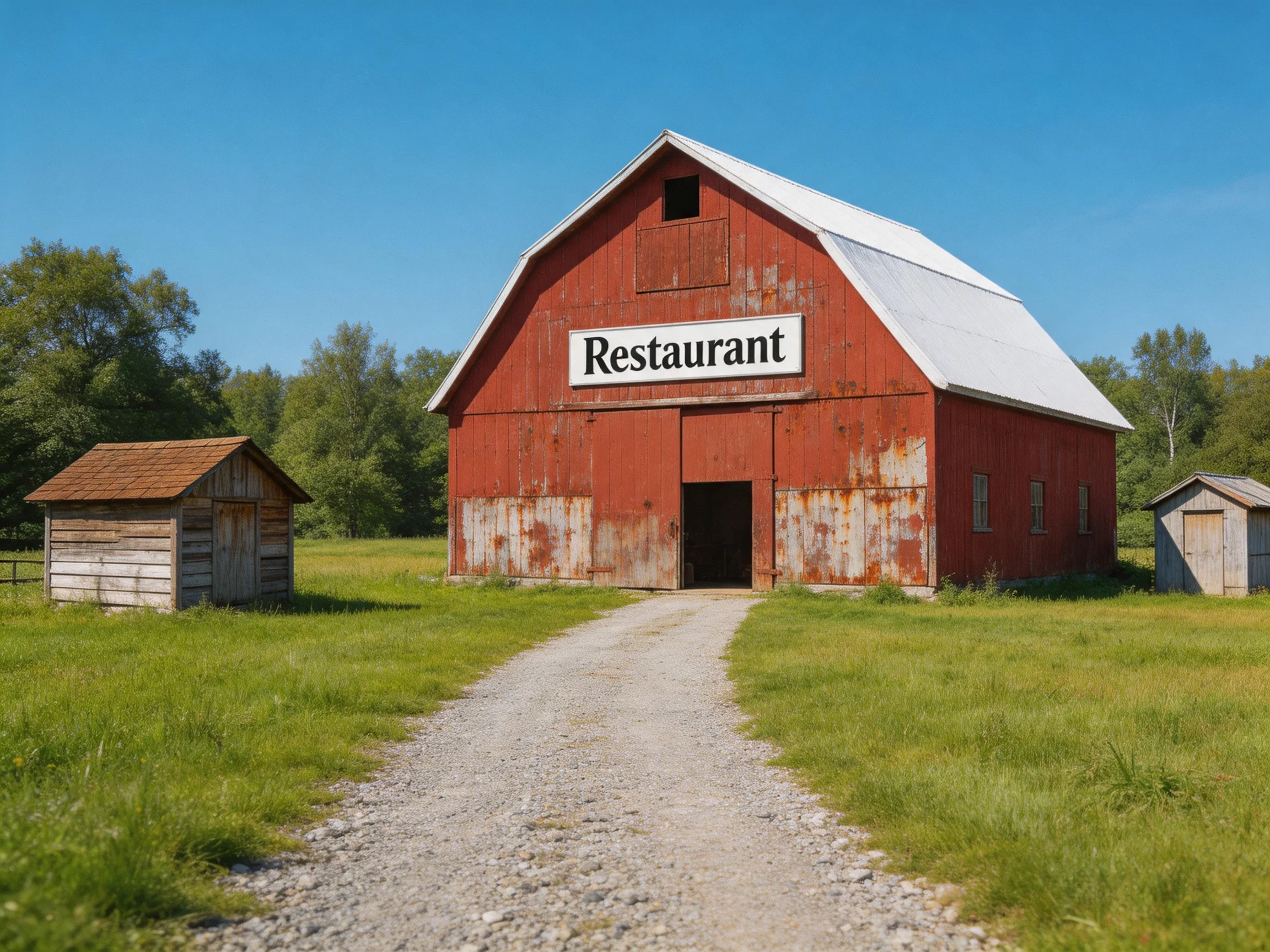 A weathered red barn labeled Restaurant near two wooden outbuildings