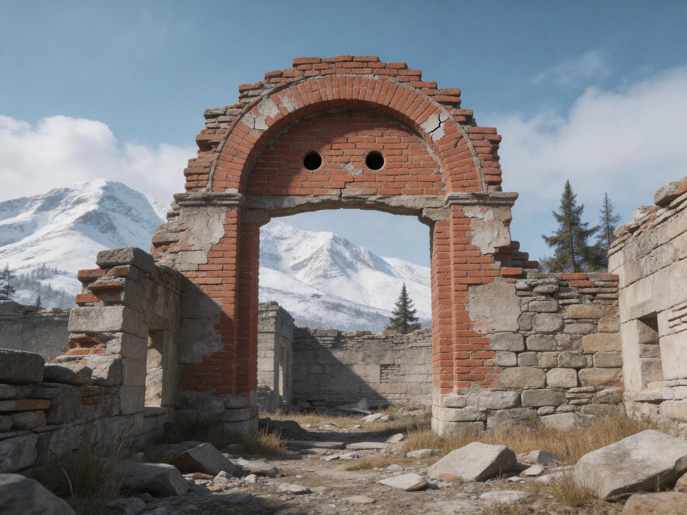 A weathered red-brick arch in ancient stone ruins near snow-capped mountains