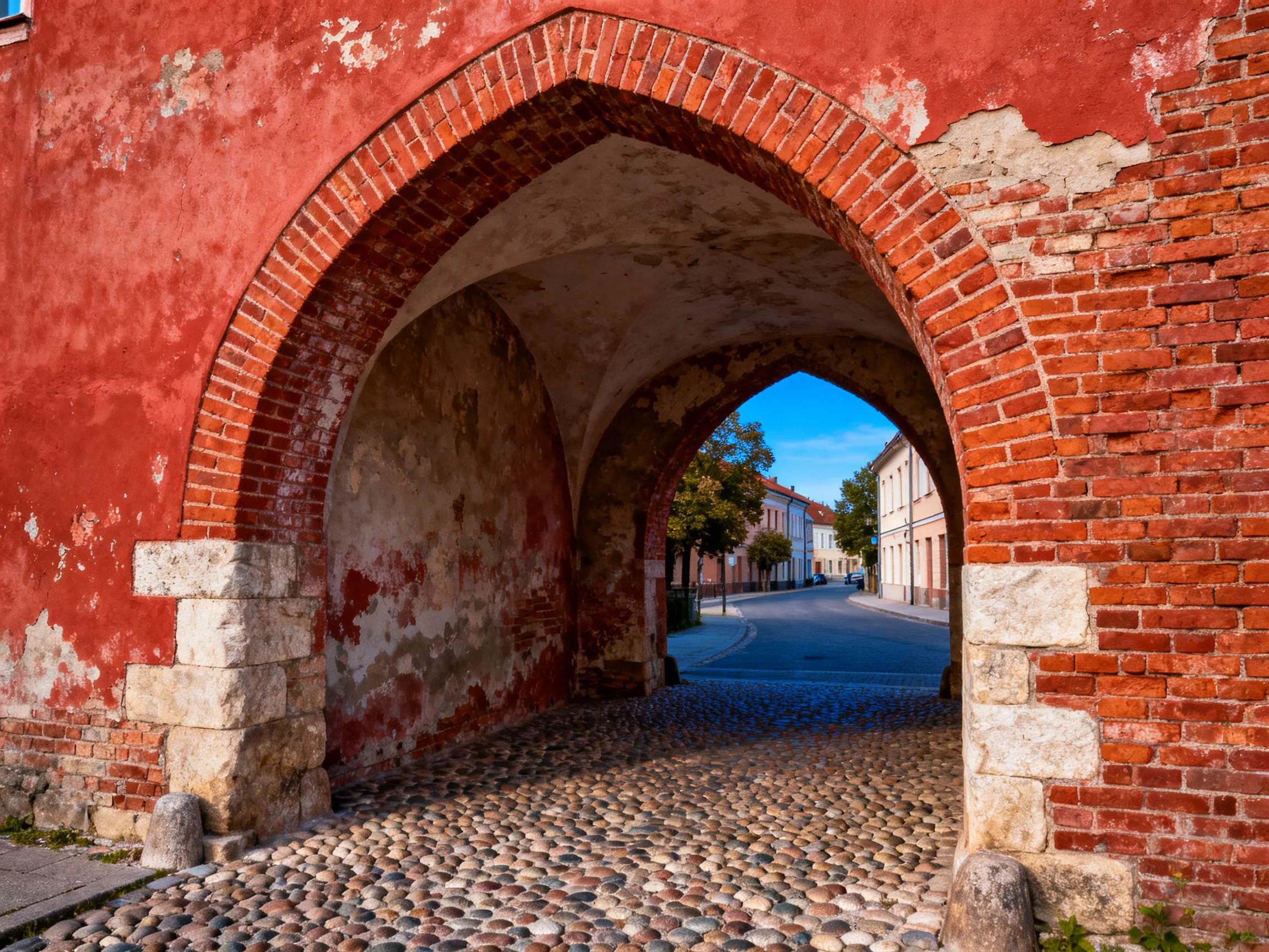 A weathered red brick archway frames a cobblestone street view
