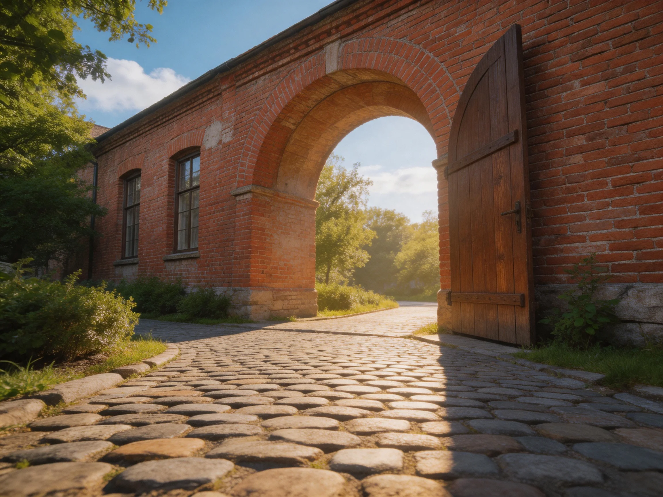 A weathered red-brick archway with an open wooden gate leads onto a cobblestone path