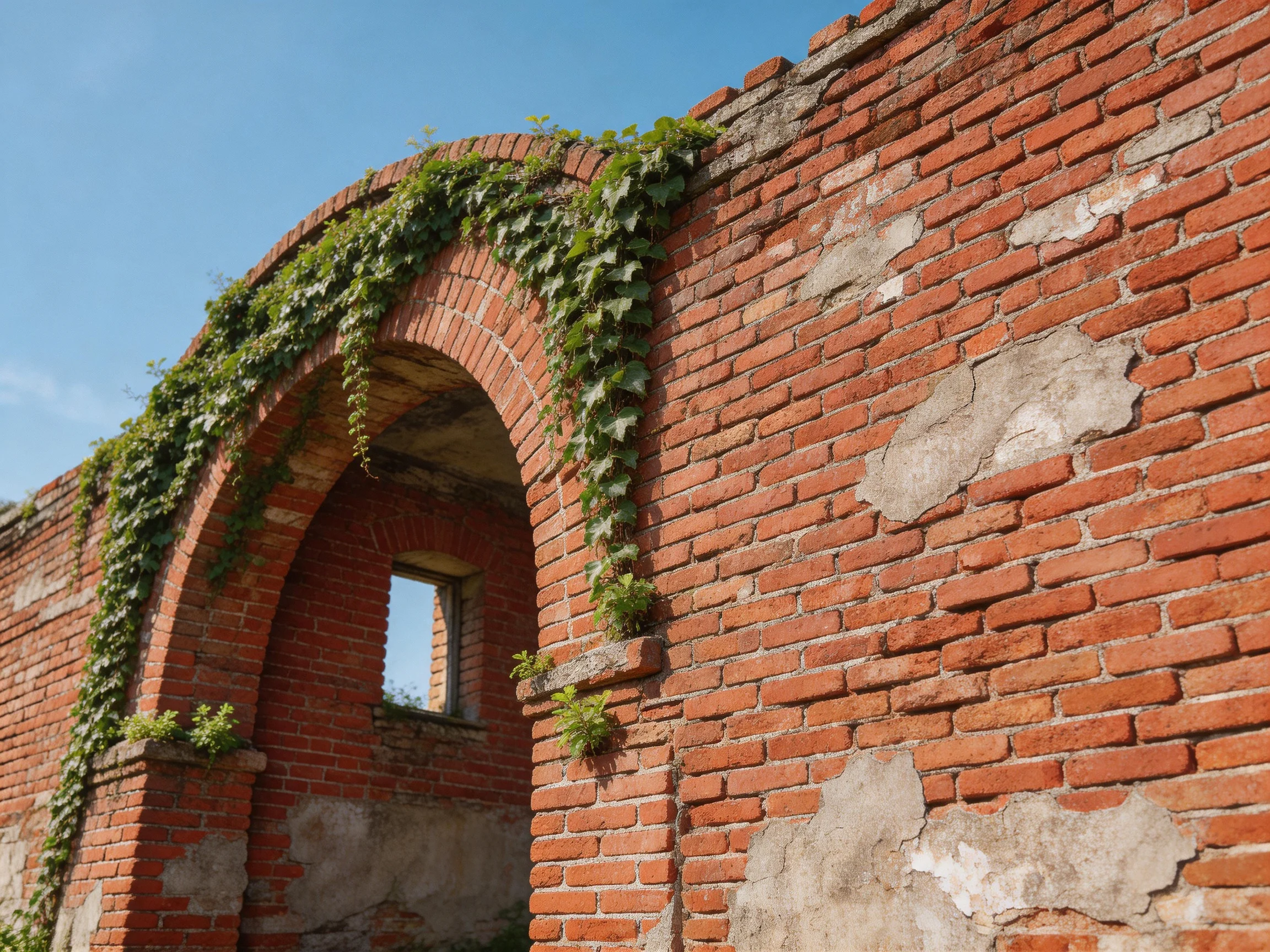 A weathered red-brick archway with climbing green vines
